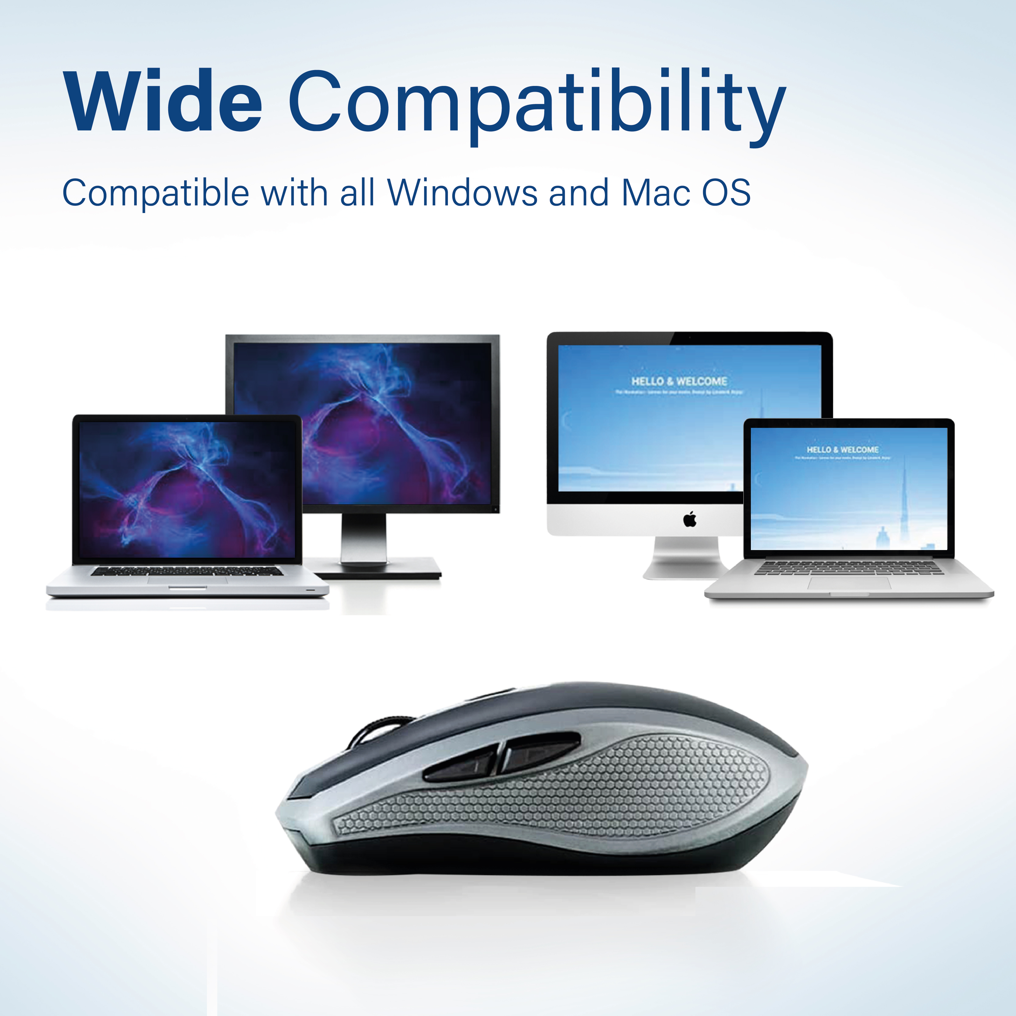 Un ratón y imágenes de computadoras portátiles. Texto: 'Amplia Compatibilidad'.