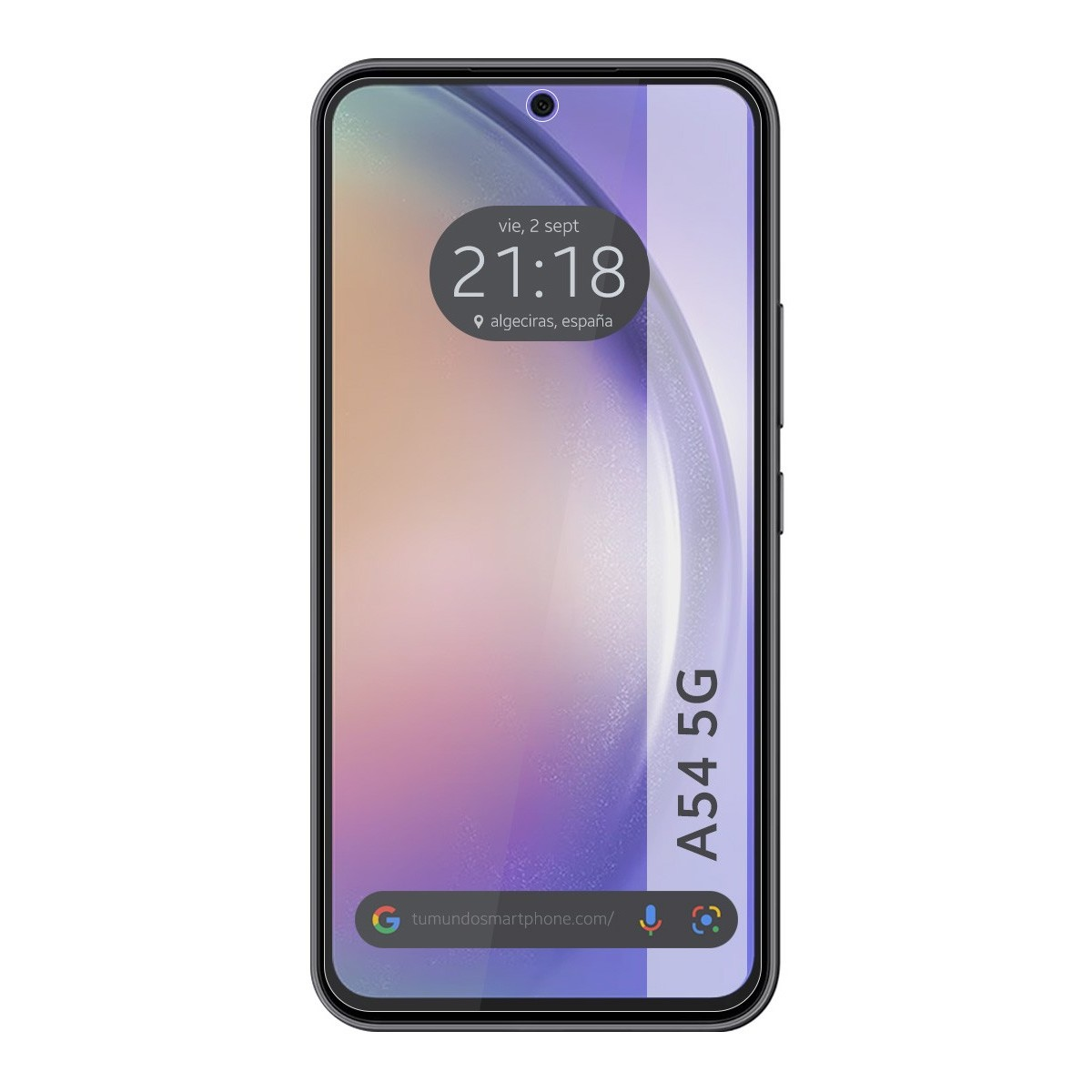 Uno schermo di smartphone mostra ora, data e posizione. Il telefono è nero e ha una fotocamera in alto.