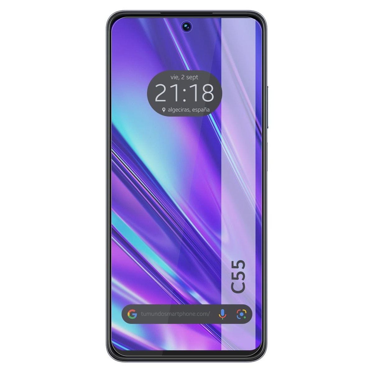 Una pantalla de teléfono inteligente negra muestra la hora 21:18. El fondo es un diseño abstracto púrpura.