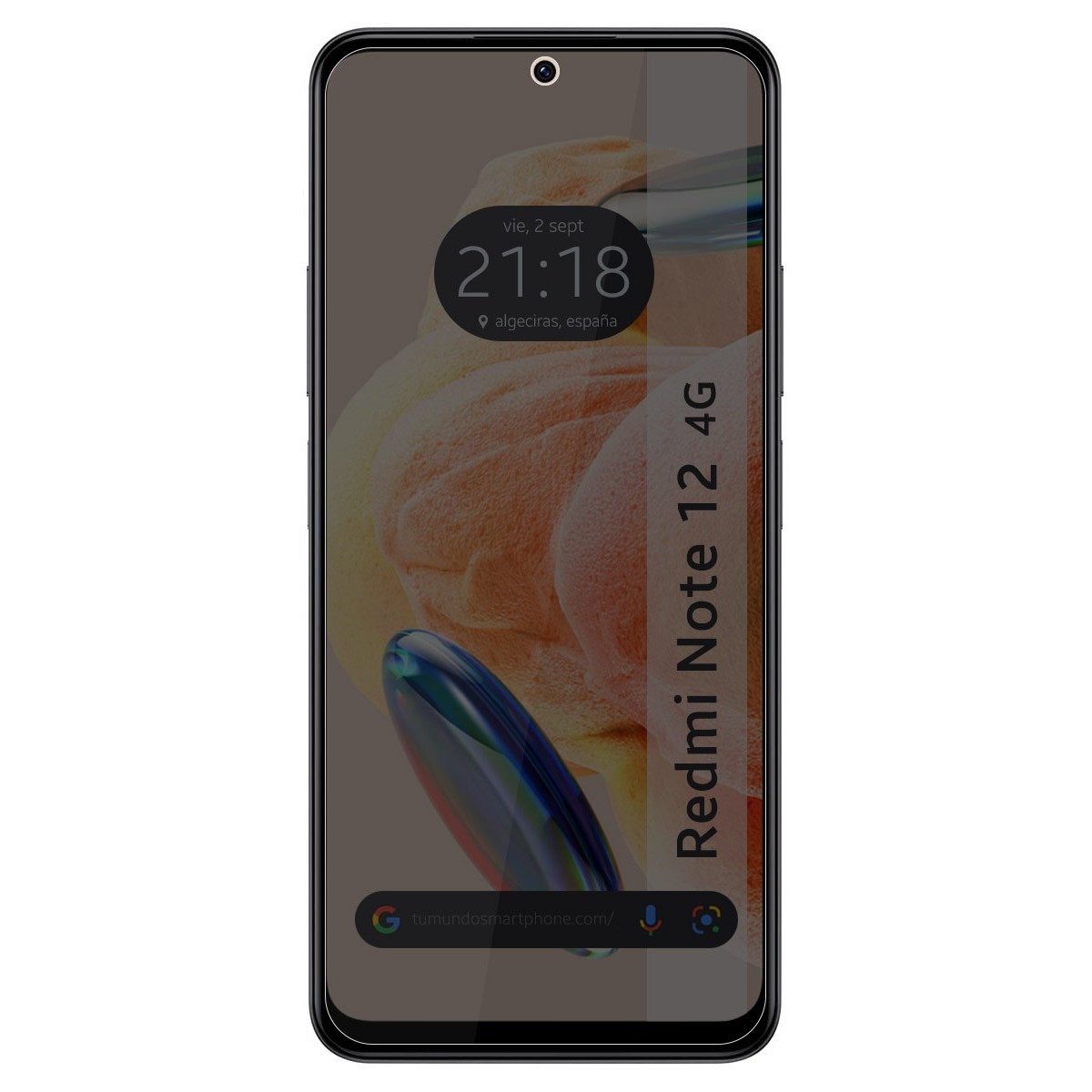 Un smartphone con una pantalla que muestra la hora y la ubicación. El texto es 'Redmi Note 12 4G'.