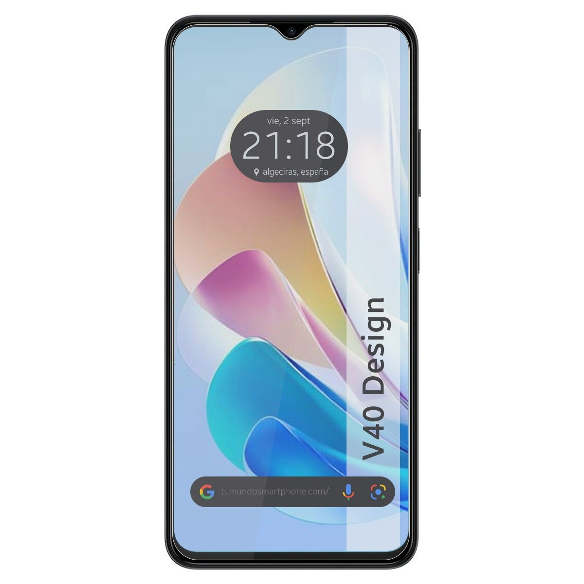 Pantalla de smartphone mostrando hora y ubicación. Con barra de búsqueda de Google e iconos.