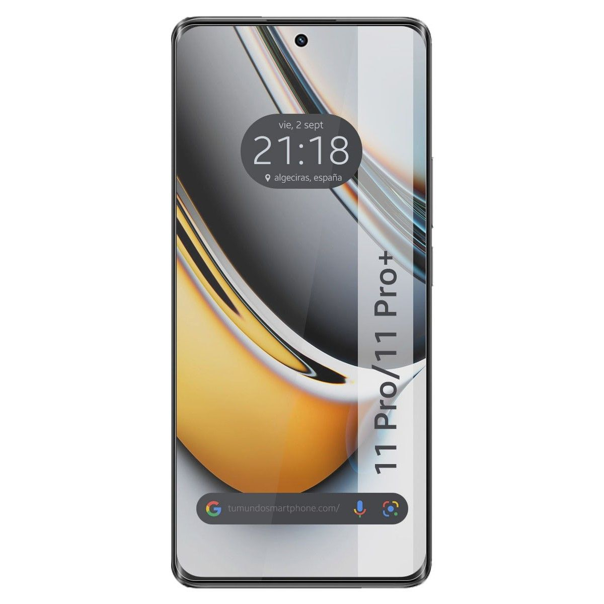 Smartphone con fondo dorado y una pantalla de teléfono que muestra la hora y la ubicación. El texto dice 11 Pro/11 Pro+.