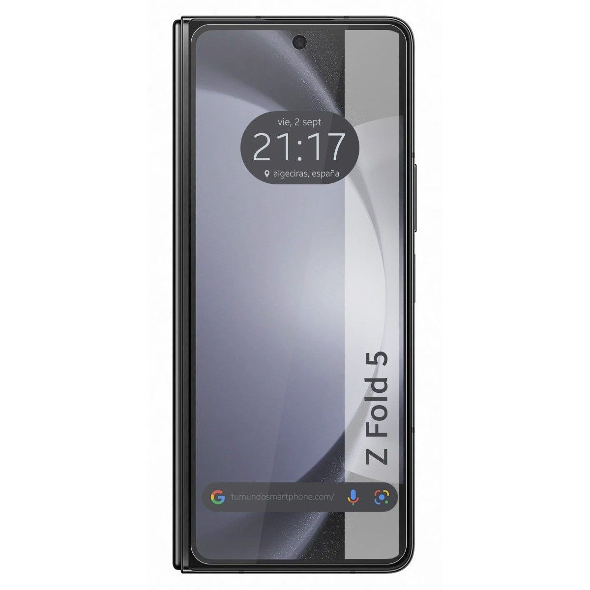 Telefono pieghevole con schermo che mostra ora, data, Algeciras, Spagna, con testo Z Fold 5.