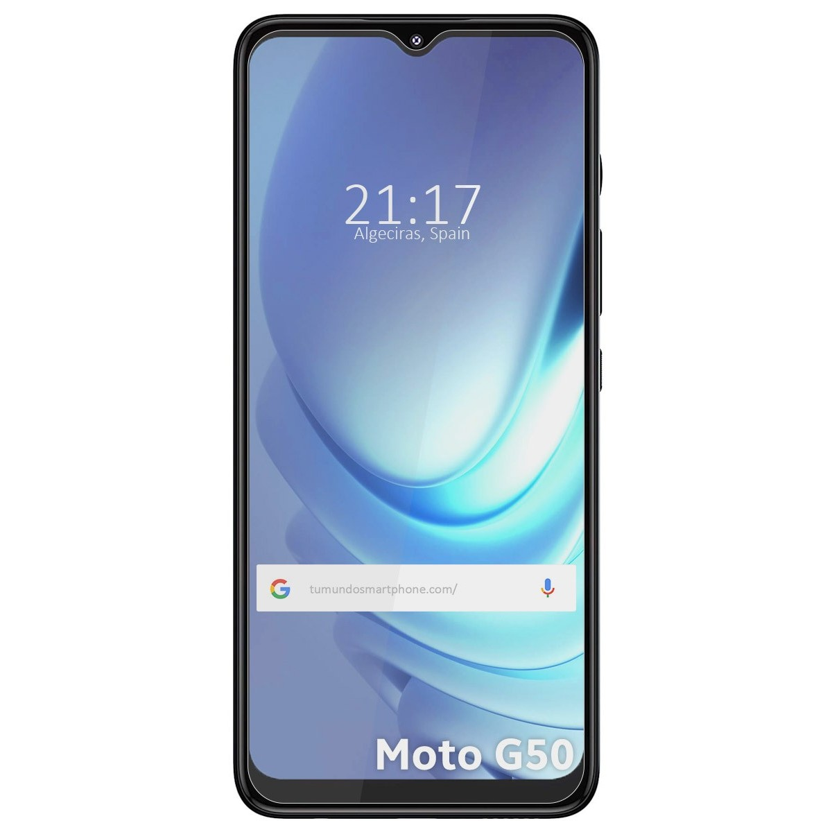 Smartphone negro mostrando interfaz. Pantalla muestra hora y barra de búsqueda.