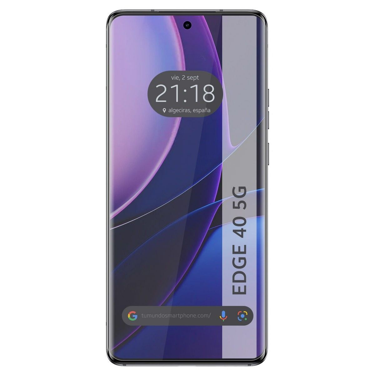Un teléfono inteligente que muestra una pantalla con un diseño púrpura y azul, y el texto EDGE 40 5G.