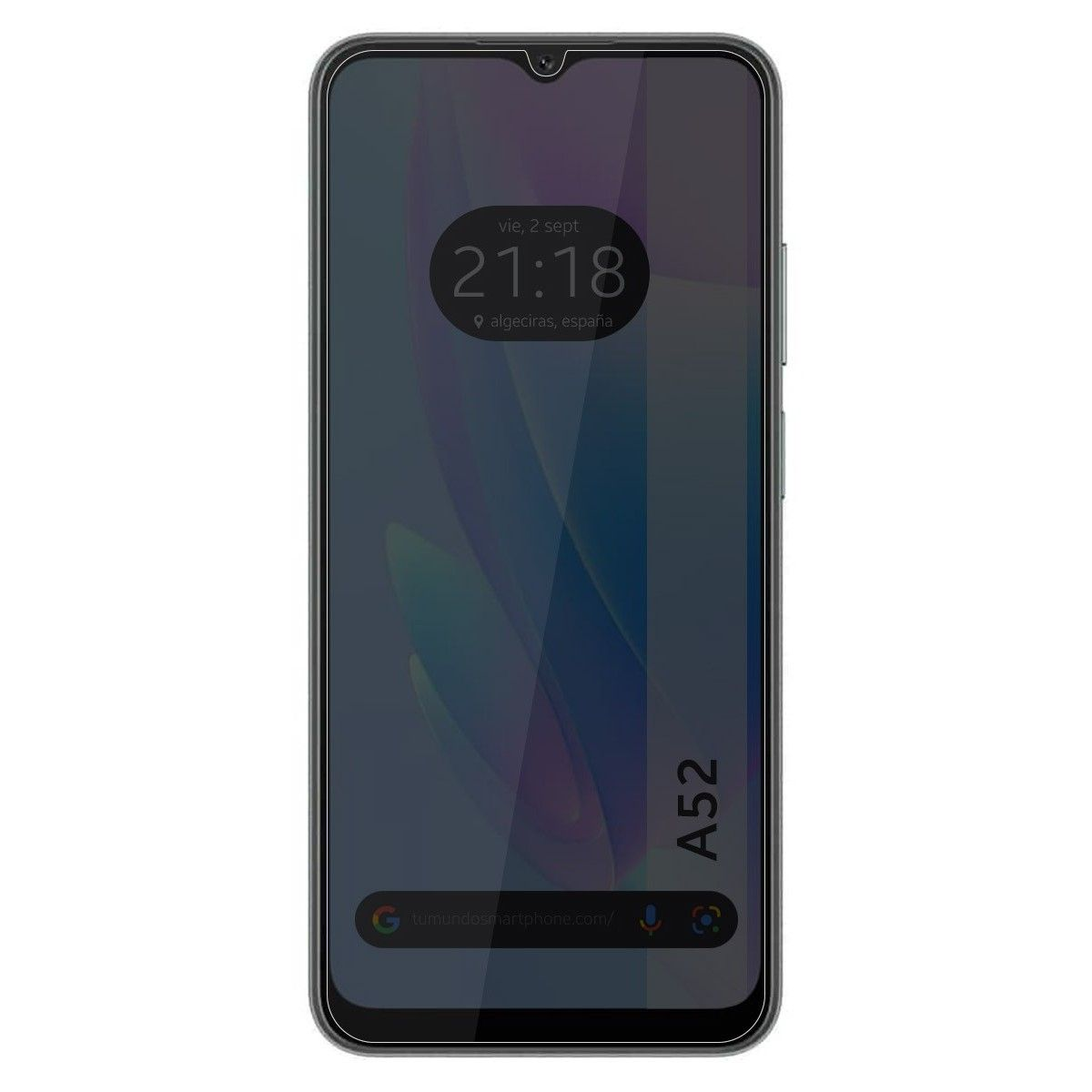 Una pantalla de smartphone negra que muestra la hora, la fecha y la ubicación: Algeciras, España.