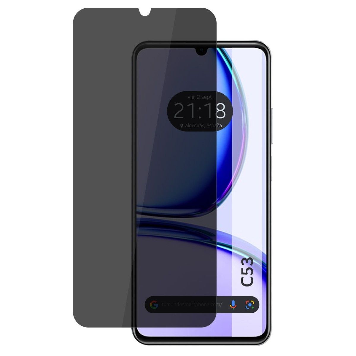 Smartphone con protector de pantalla. La pantalla muestra hora y ubicación.