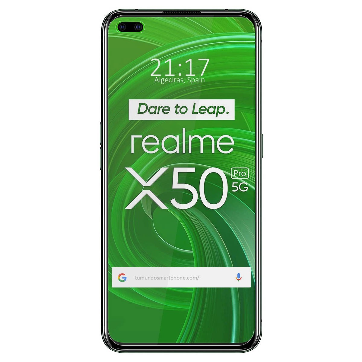 Smartphone Realme X50 Pro 5G. Fondo verde con texto blanco. Muestra hora y ubicación.