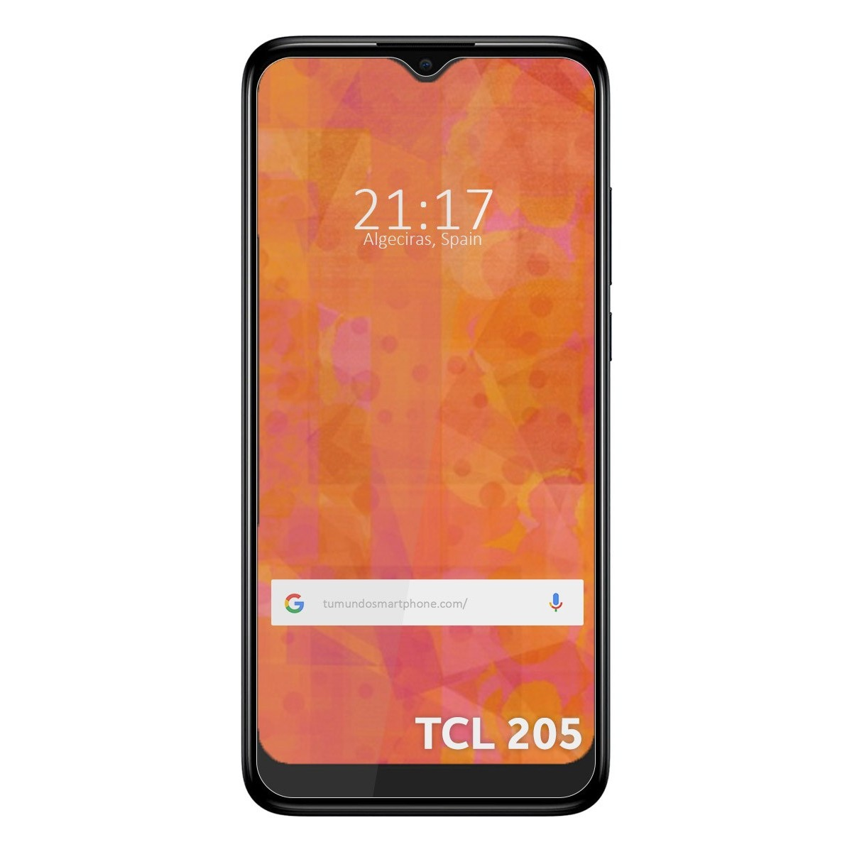 Smartphone negro con hora y ubicación. Fondo naranja, texto TCL 205. Barra de búsqueda de Google.