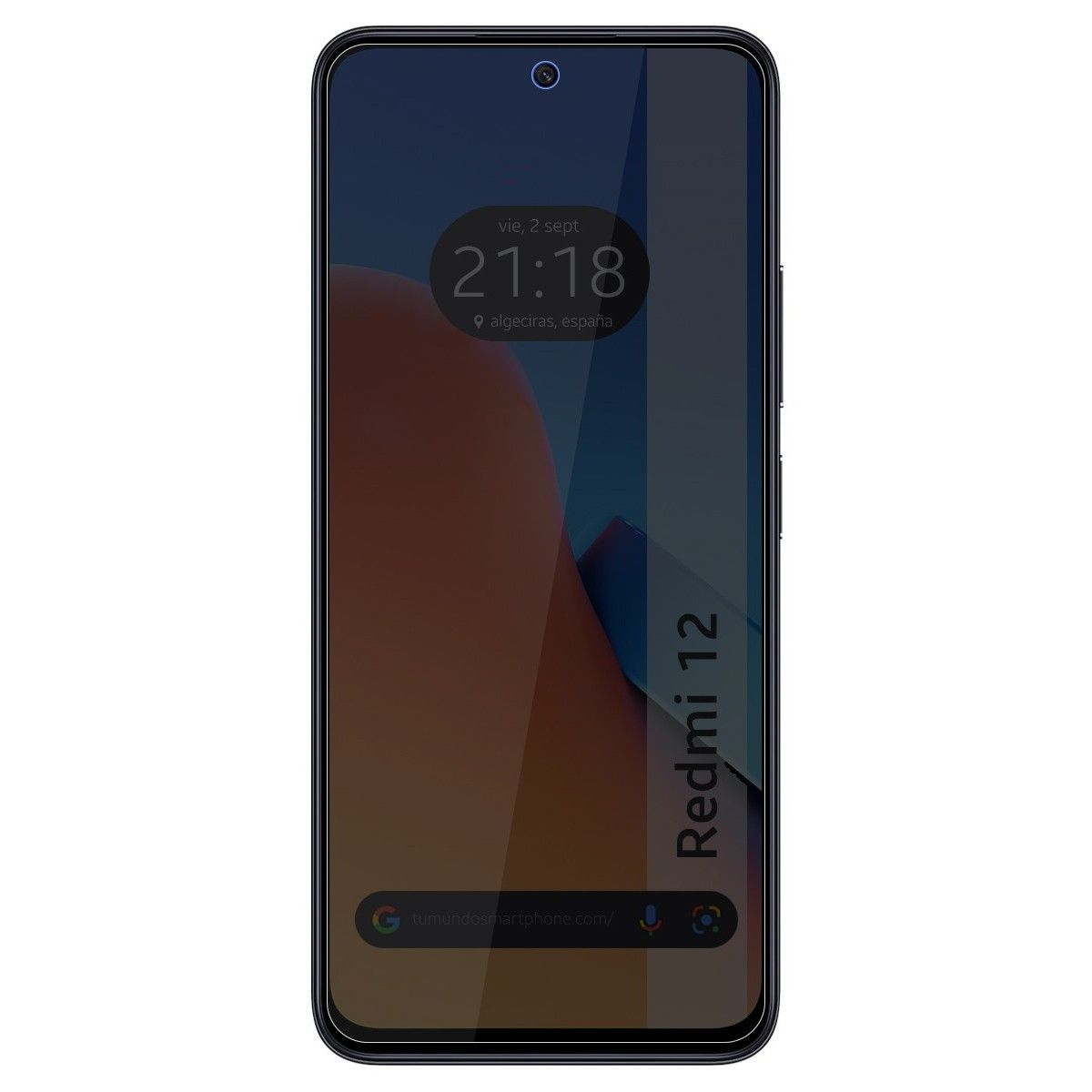 Pantalla de smartphone negra mostrando hora y fecha. Teléfono con etiqueta Redmi 12.
