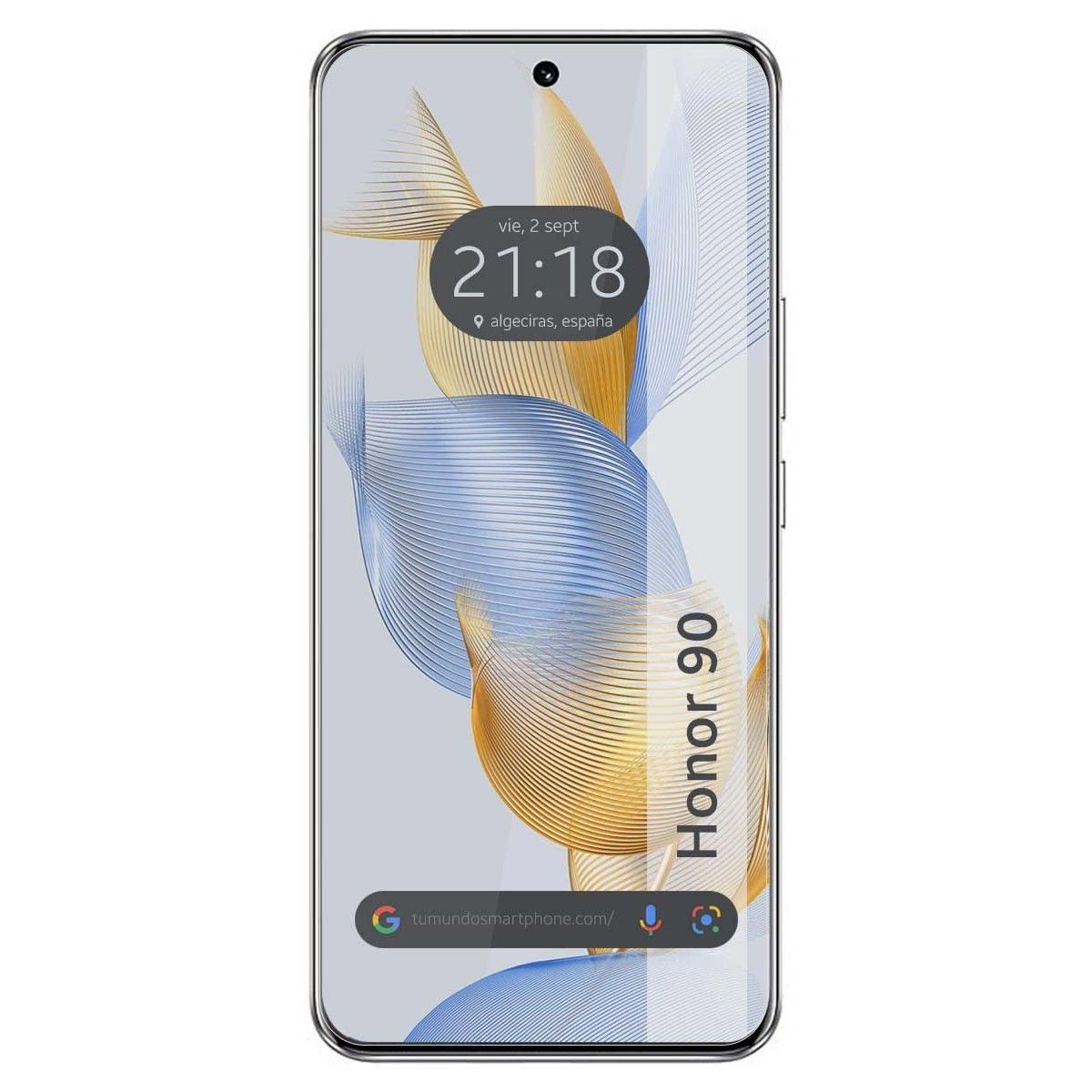 Un smartphone mostrando un reloj, fecha y texto 'Honor 90'. El fondo tiene colores azul y dorado.
