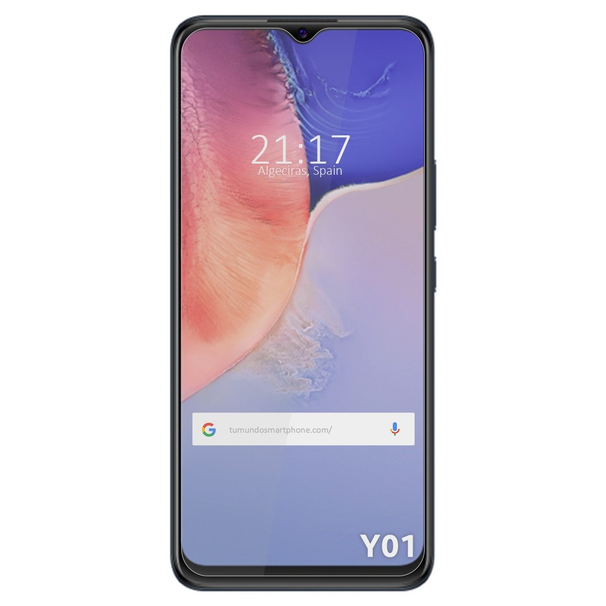 Un smartphone negro que muestra una pantalla de bloqueo con la hora y la ubicación. Una barra de búsqueda es visible.