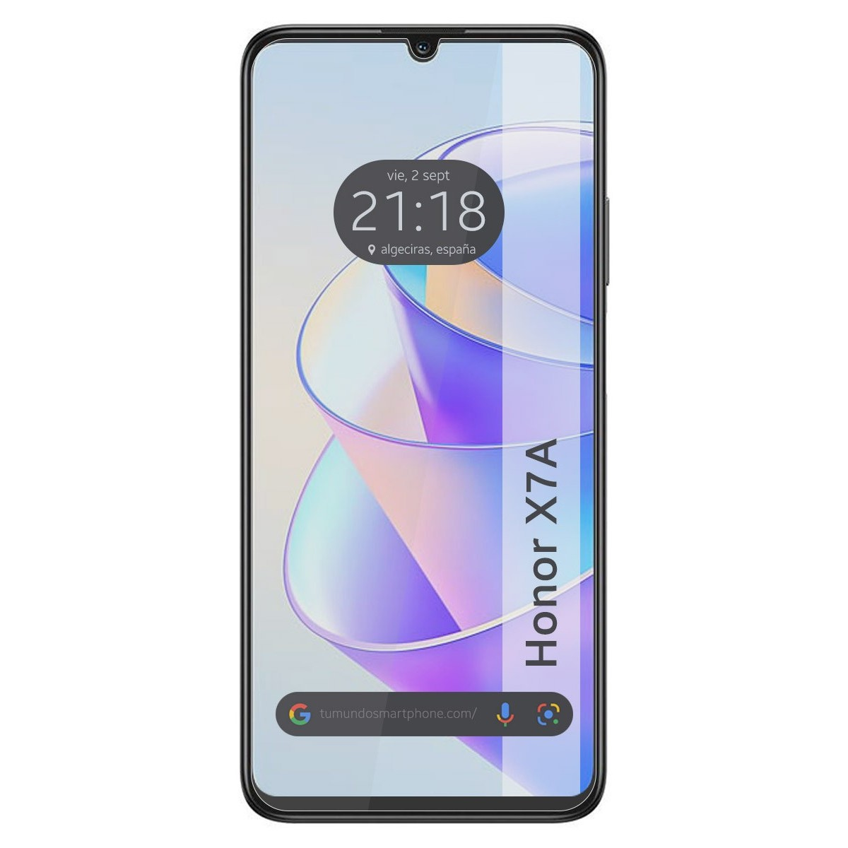 Un smartphone muestra hora, fecha y fondo colorido. El teléfono dice Honor X7A.
