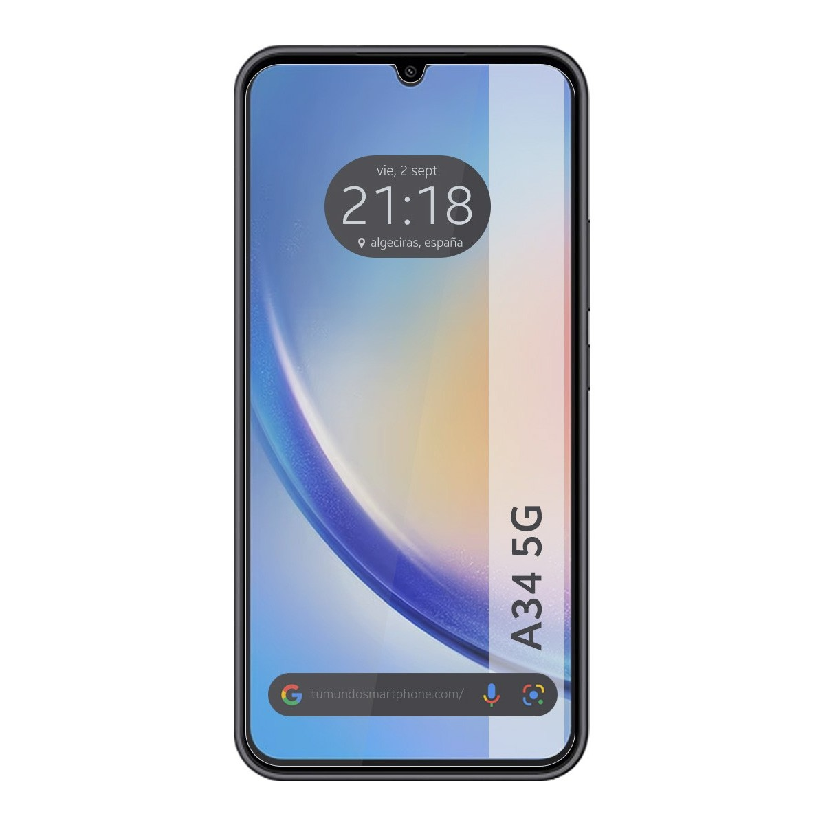 Pantalla de teléfono negra con degradado azul y naranja. Muestra hora, fecha, y es un A34 5G.