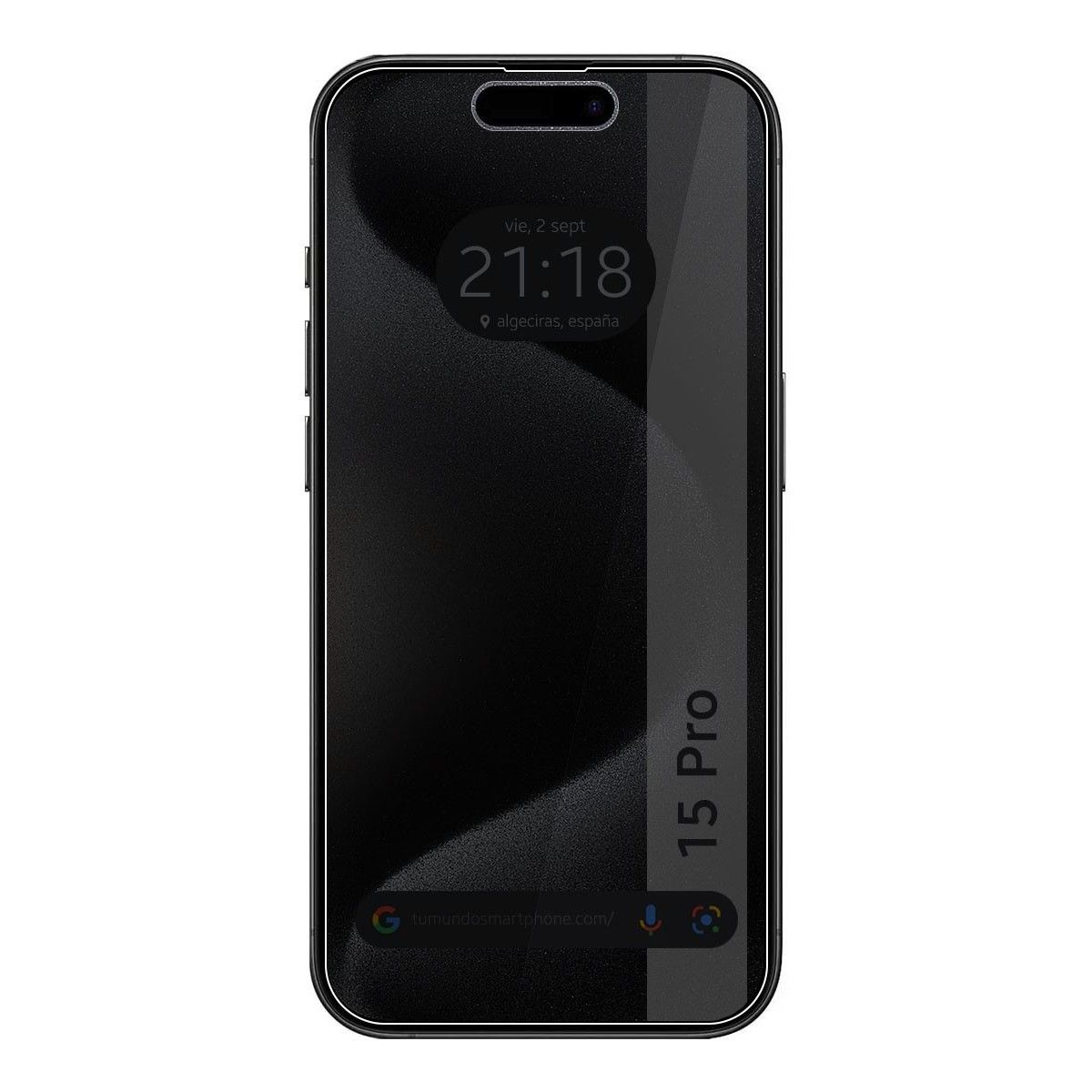 Smartphone negro con pantalla mostrando hora y fecha. Texto '15 Pro' visible.