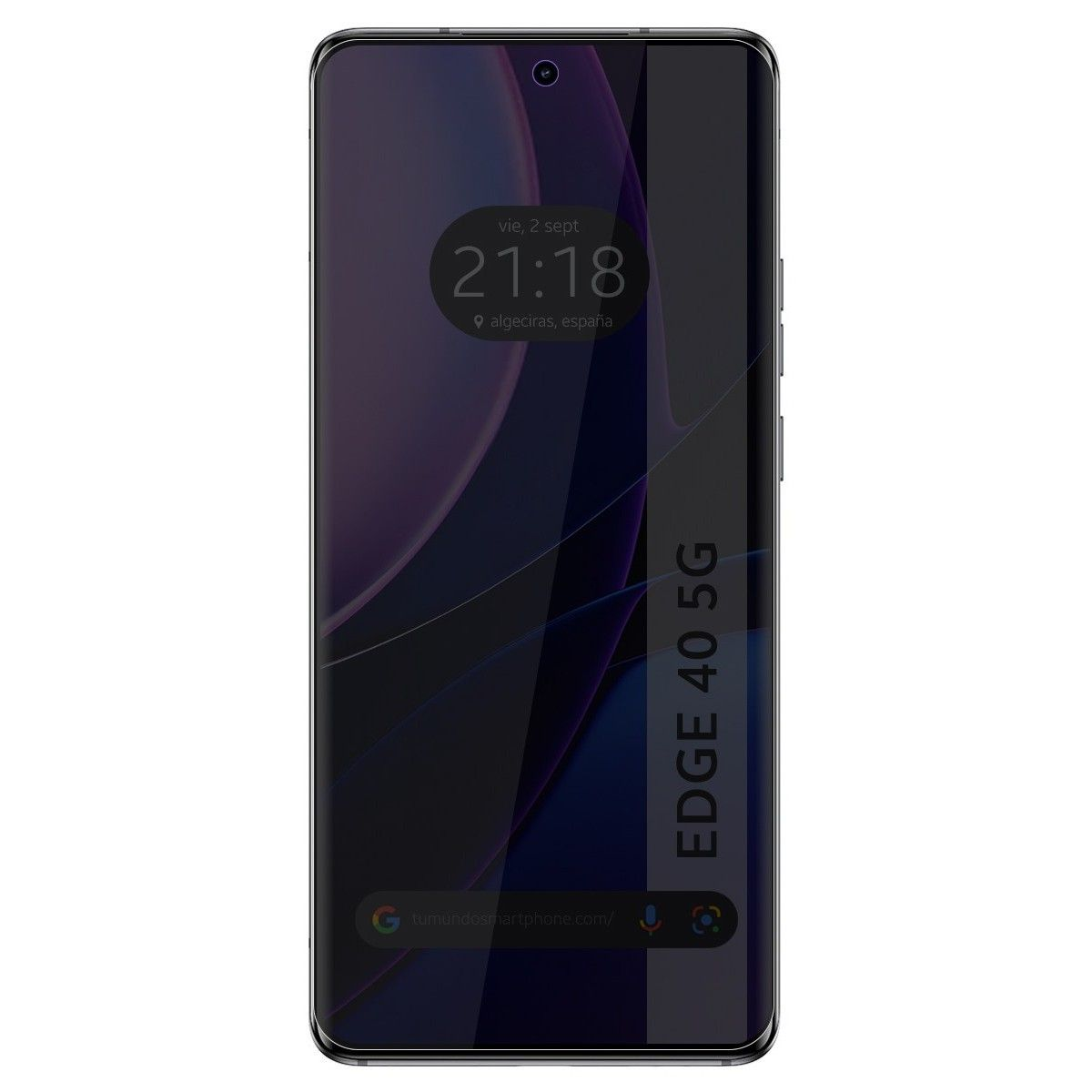 Smartphone negro con pantalla mostrando hora y sitio web, con borde curvo.