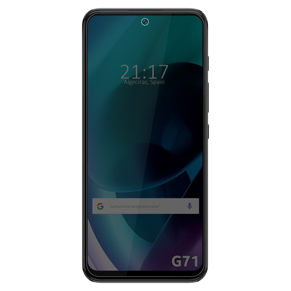 Un teléfono negro que muestra una pantalla con la hora y una barra de búsqueda.
