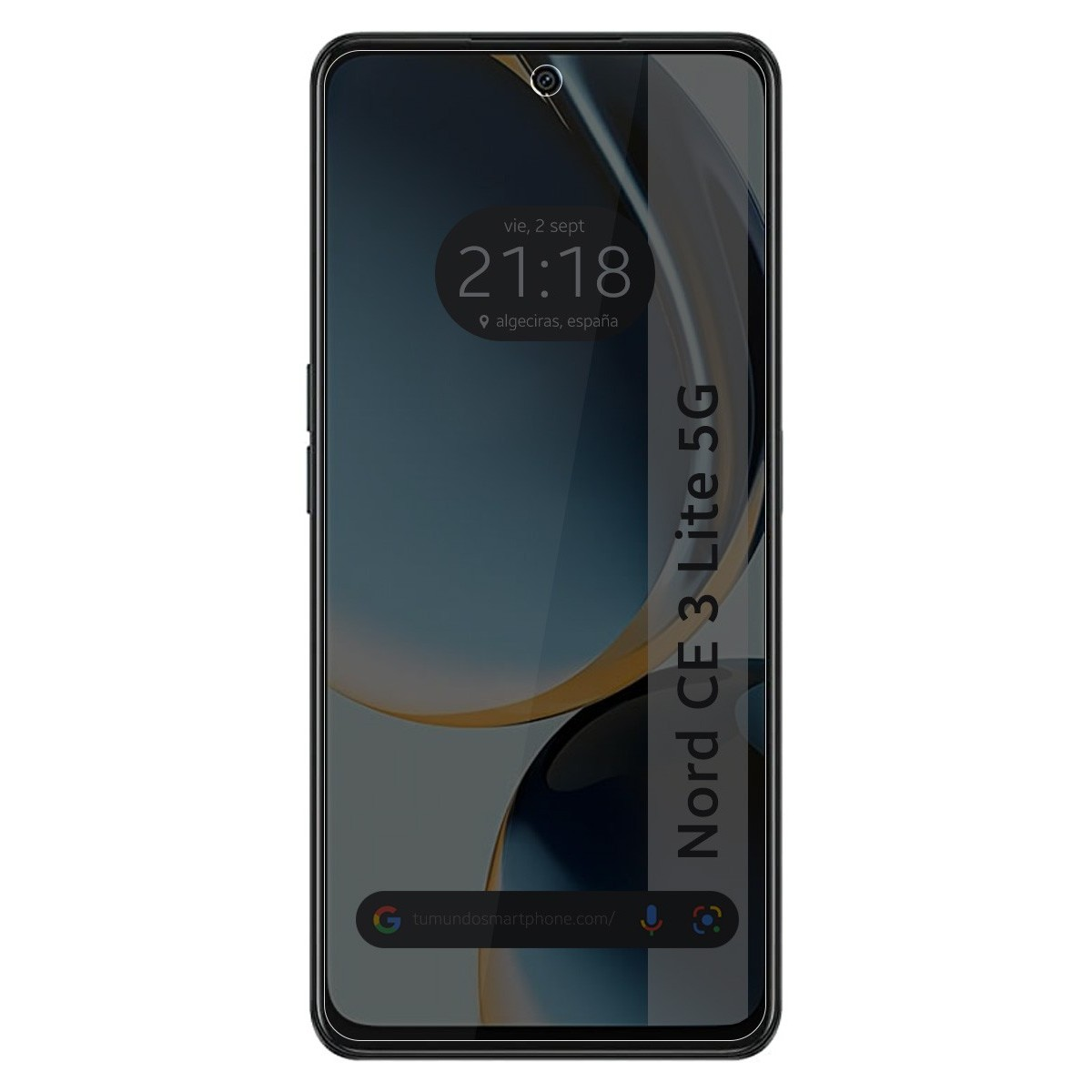 Pantalla de smartphone con filtro de privacidad. La pantalla muestra la hora y la ubicación. El filtro es gris oscuro.