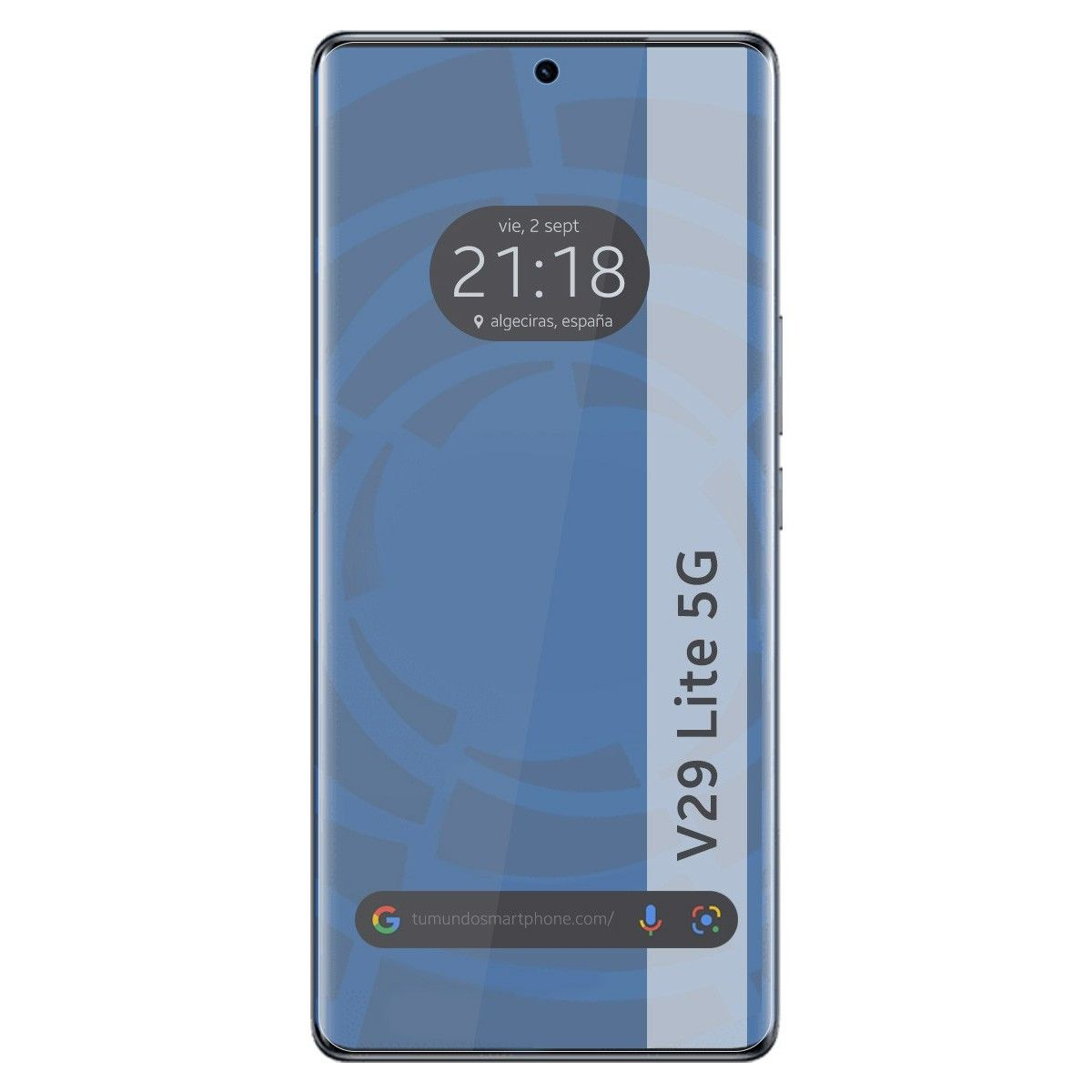 Uno schermo di smartphone che mostra l'ora e la data, con l'etichetta V29 Lite 5G.