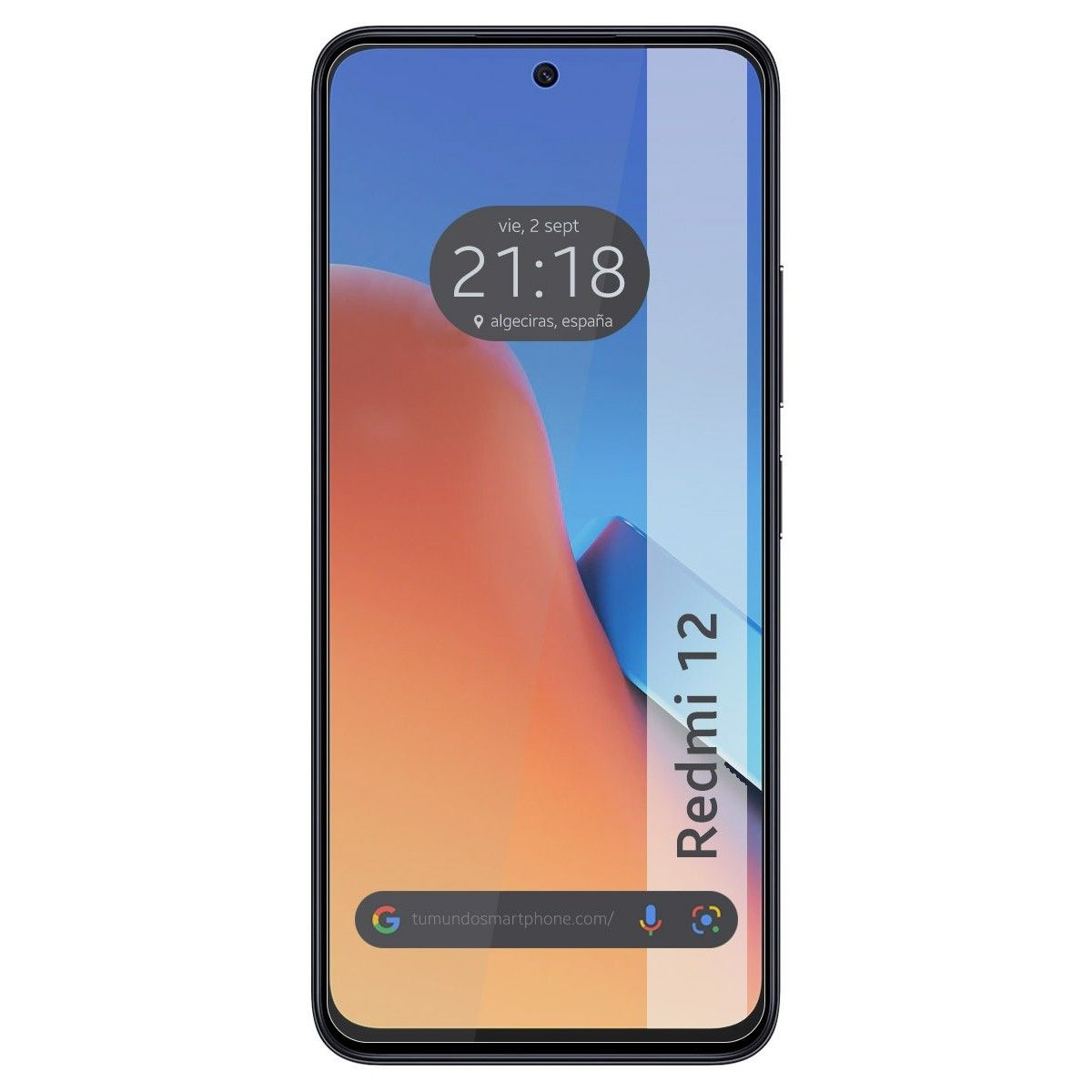 Smartphone Redmi 12 con schermo che mostra ora, data e un design astratto colorato. Il telefono è nero.