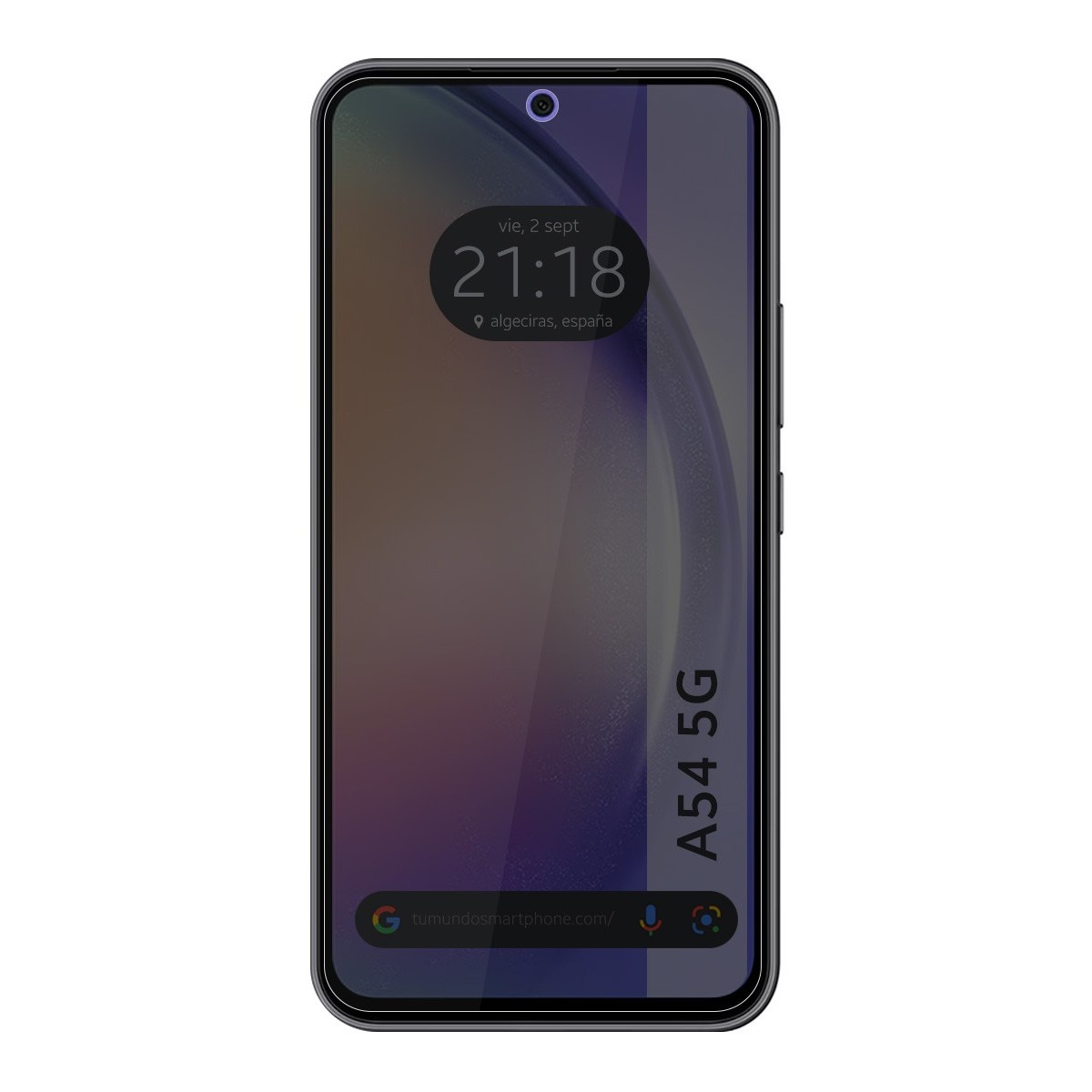 Smartphone che mostra l'ora, con schermo viola. Testo: A54 5G.
