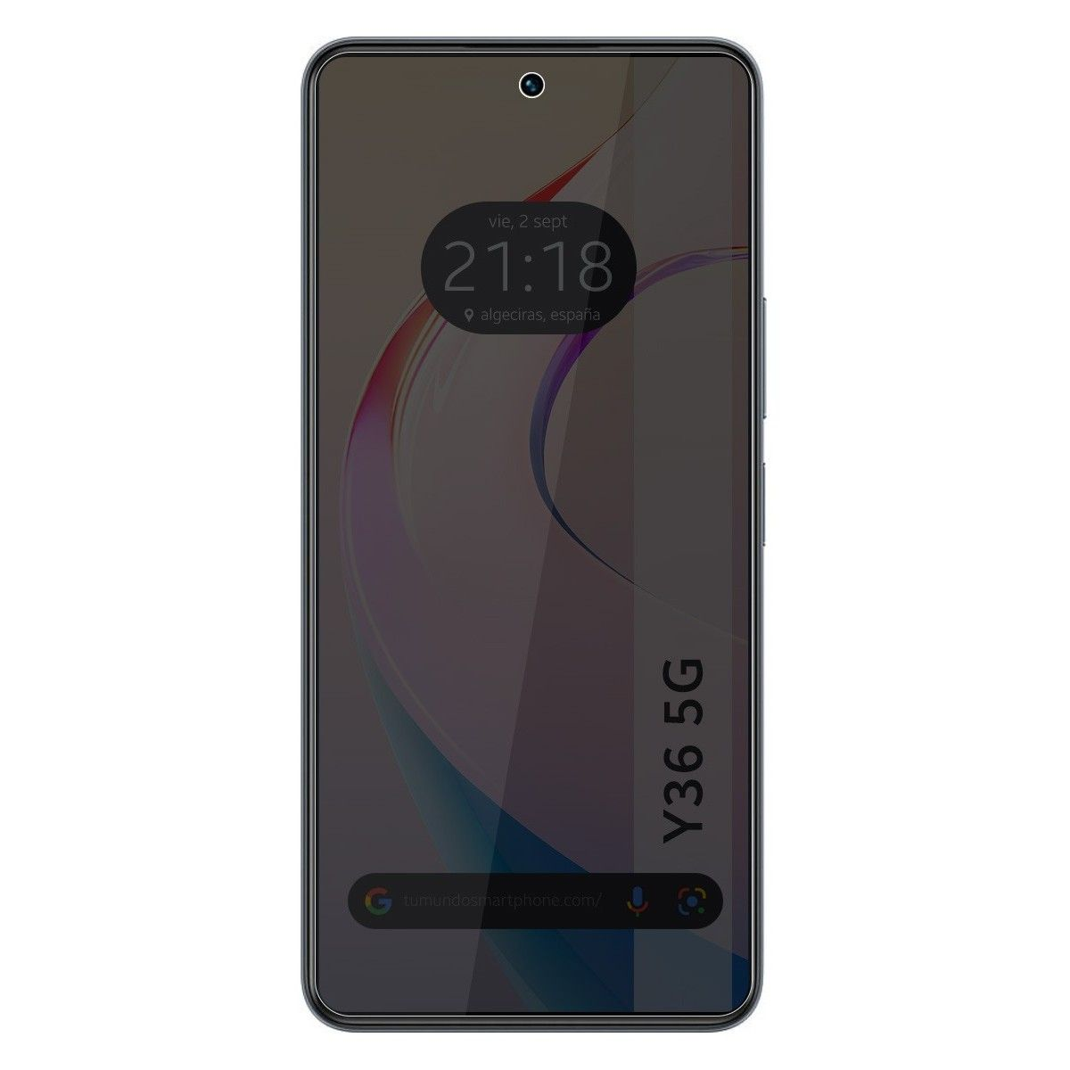 Smartphone, schermo nero, con visualizzazione ora e testo Y36 5G. Proteggi schermo.
