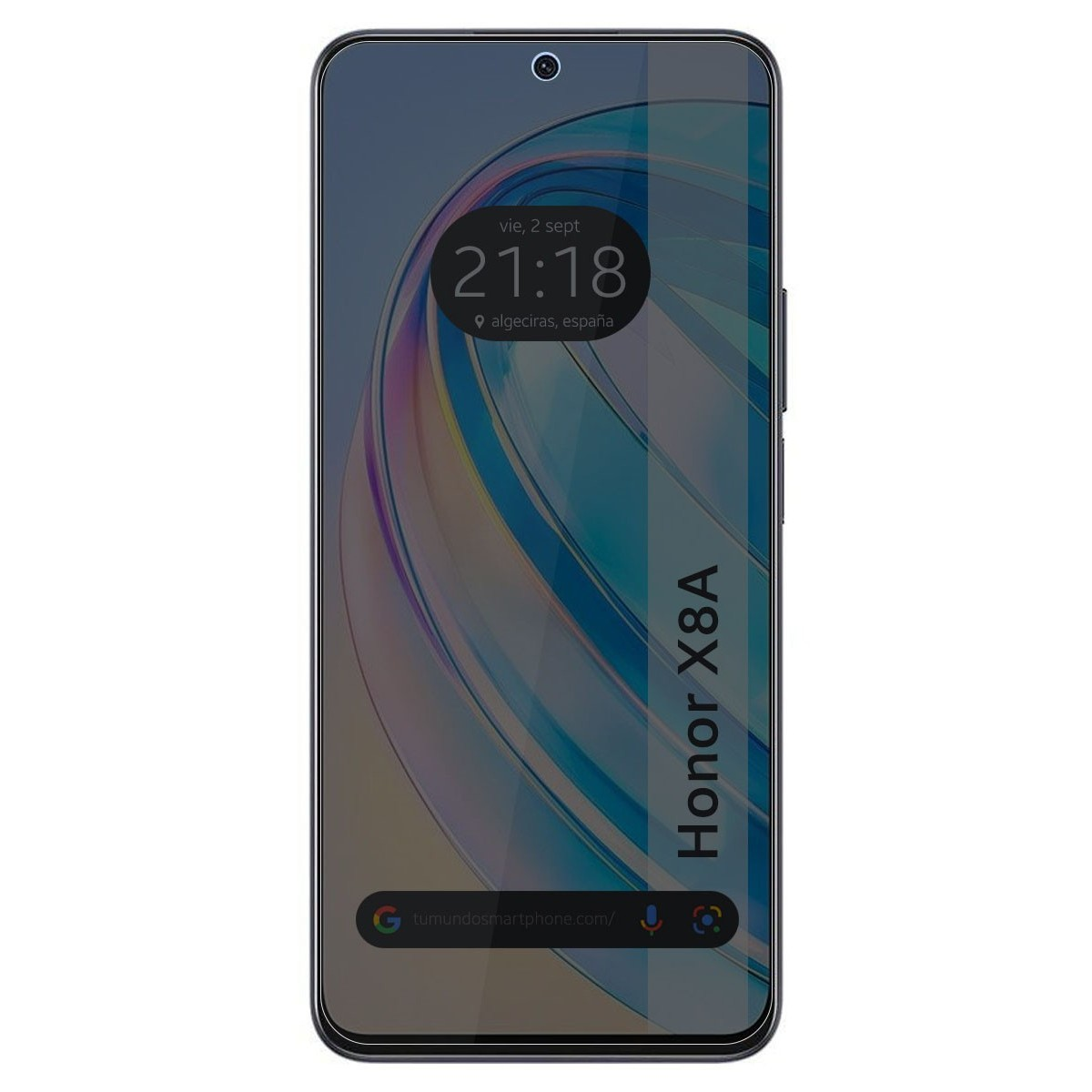 Una pantalla de teléfono inteligente que muestra la hora, la fecha y la ubicación. El teléfono es negro. La pantalla tiene un diseño azul.