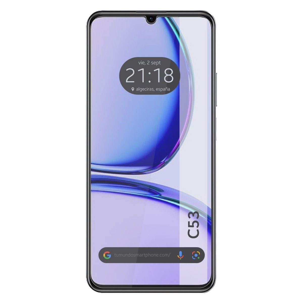 Pantalla del teléfono que muestra un reloj, fecha y hora. El fondo es un diseño abstracto.