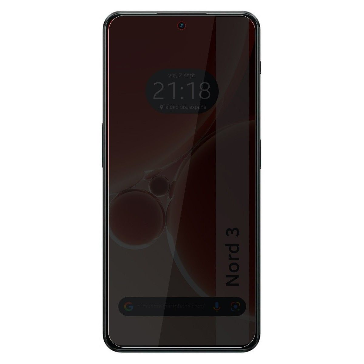 Pantalla de smartphone mostrando un diseño con colores rojo, naranja y blanco. Muestra fecha y hora.