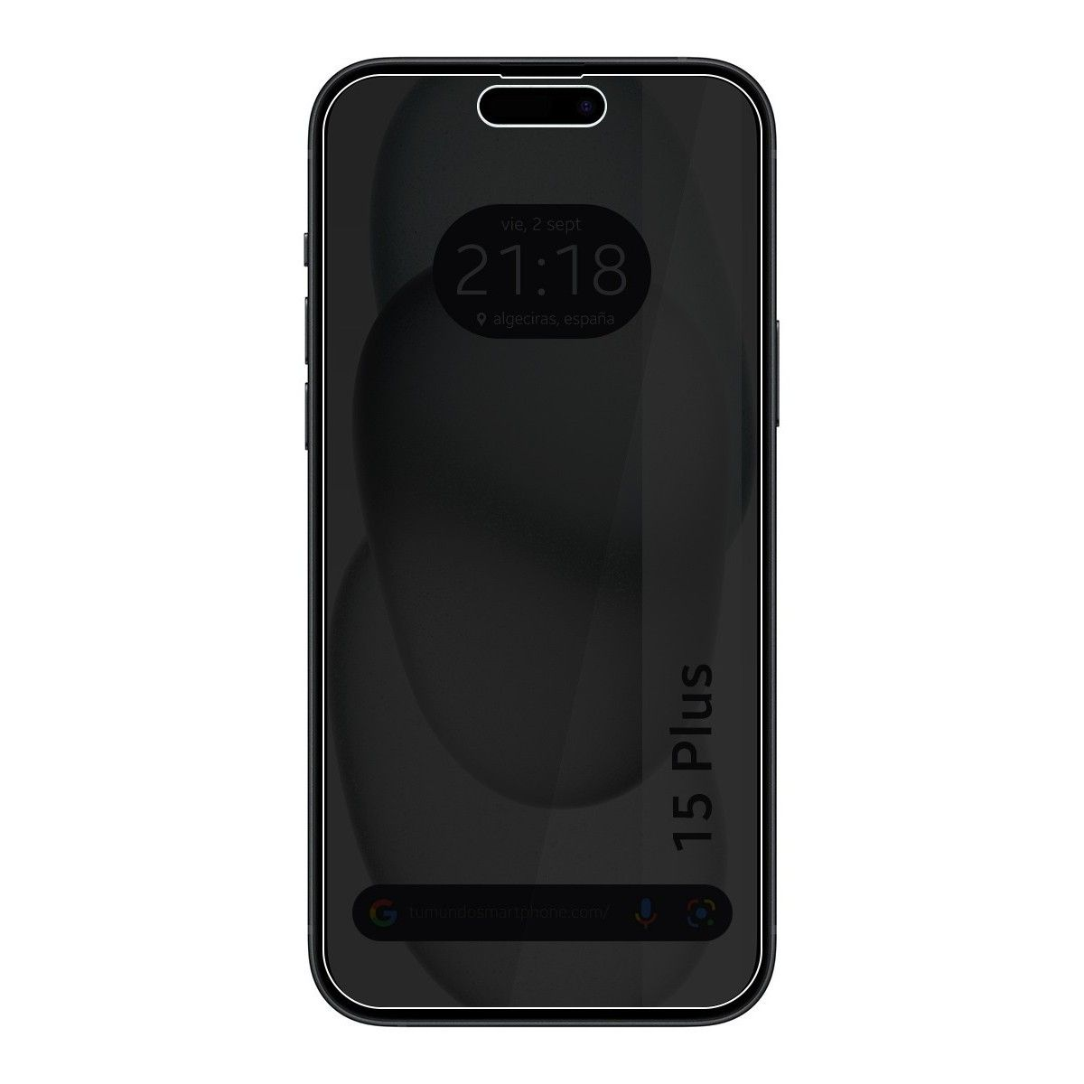 Uno smartphone con schermo nero. L'ora è visualizzata come 21:18. Etichetta 15 Plus.