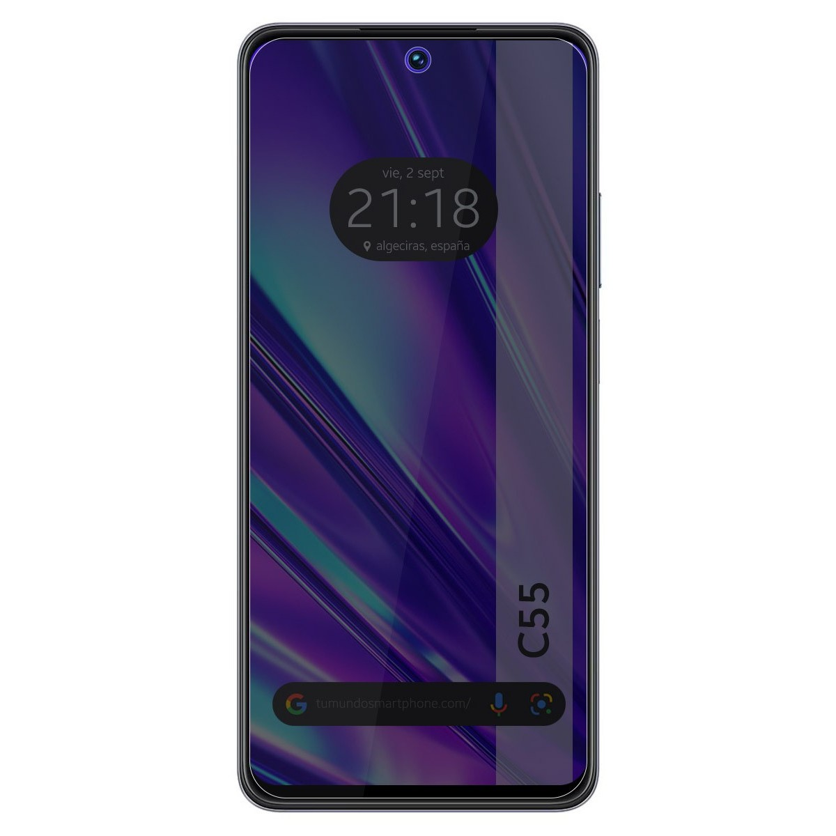 Pantalla de smartphone mostrando hora y ubicación. Incluye barra de búsqueda de Google e iconos.