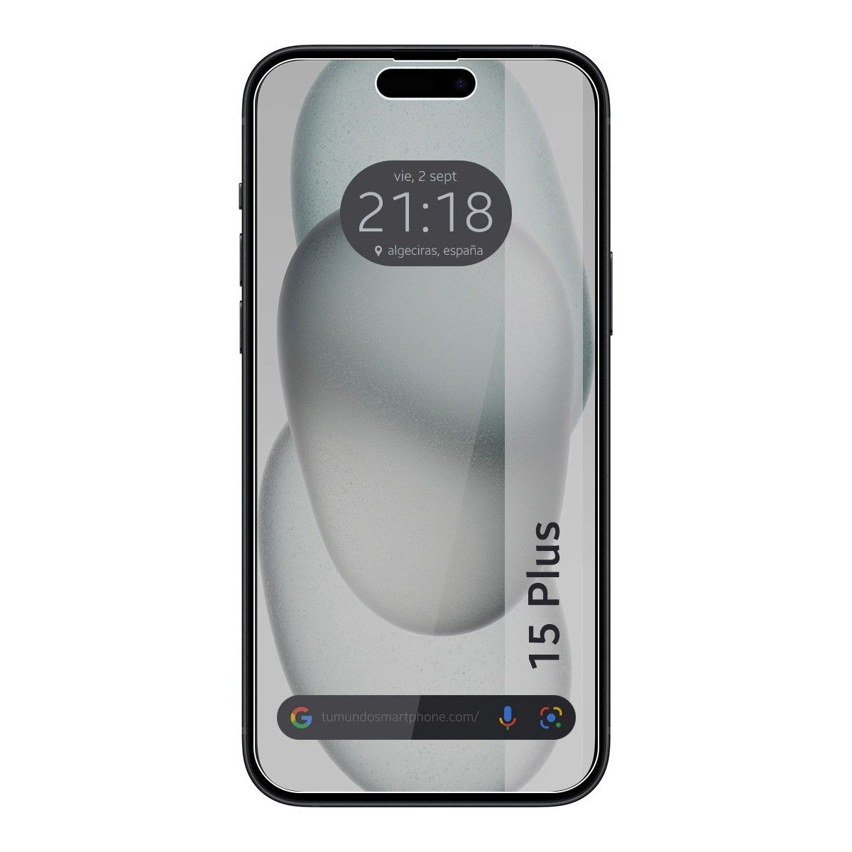 Pantalla de smartphone con fecha y ubicación. Se muestra un teléfono con protector de pantalla.