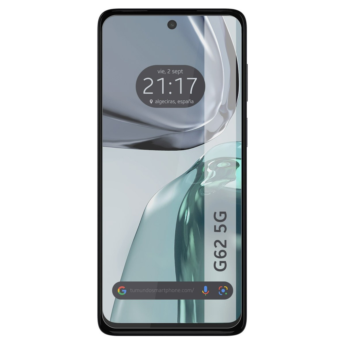 Teléfono con protector. La hora es 21:17, Algeciras, España. Texto G62 5G.
