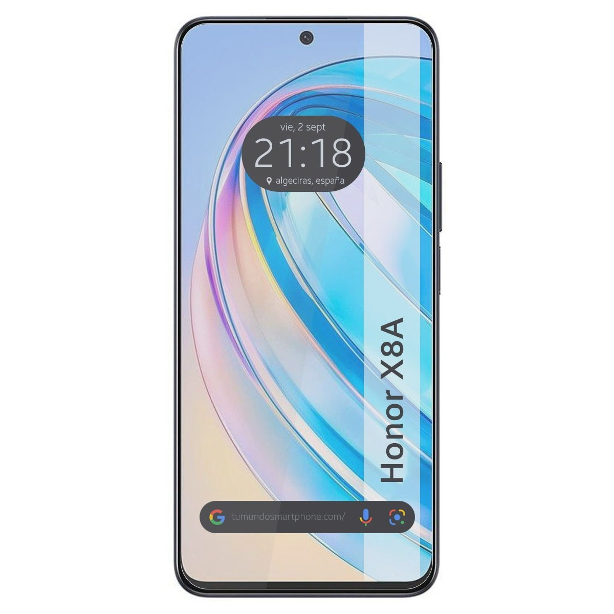 Un teléfono con protector de pantalla, mostrando la hora y ubicación. La pantalla está encendida.