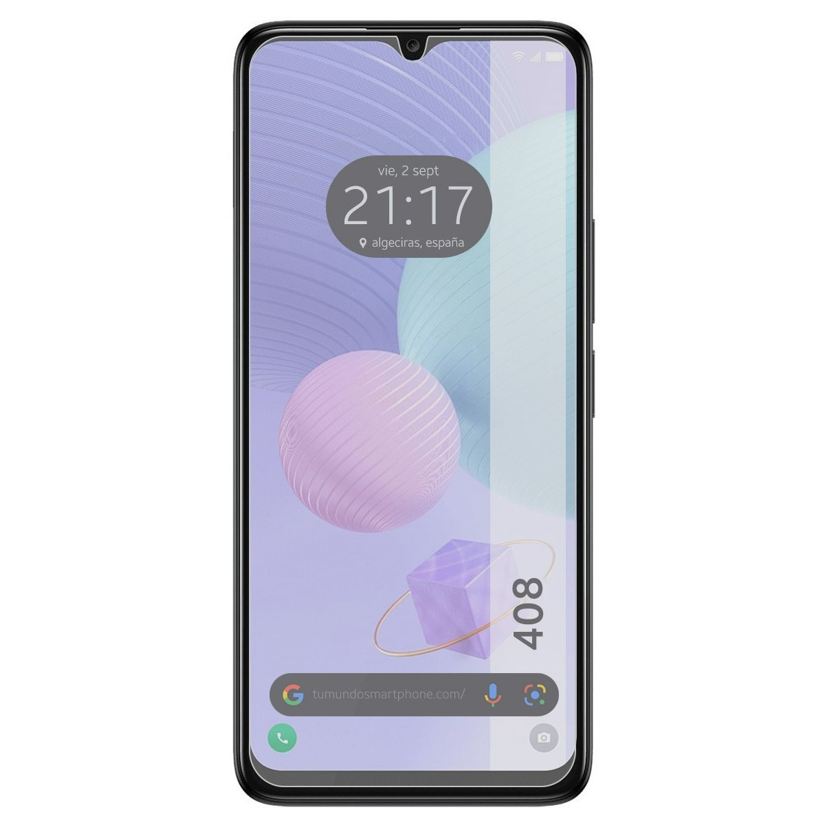 Smartphone con protezione schermo. Telefono mostra interfaccia con ora e icone, schermo grigio.