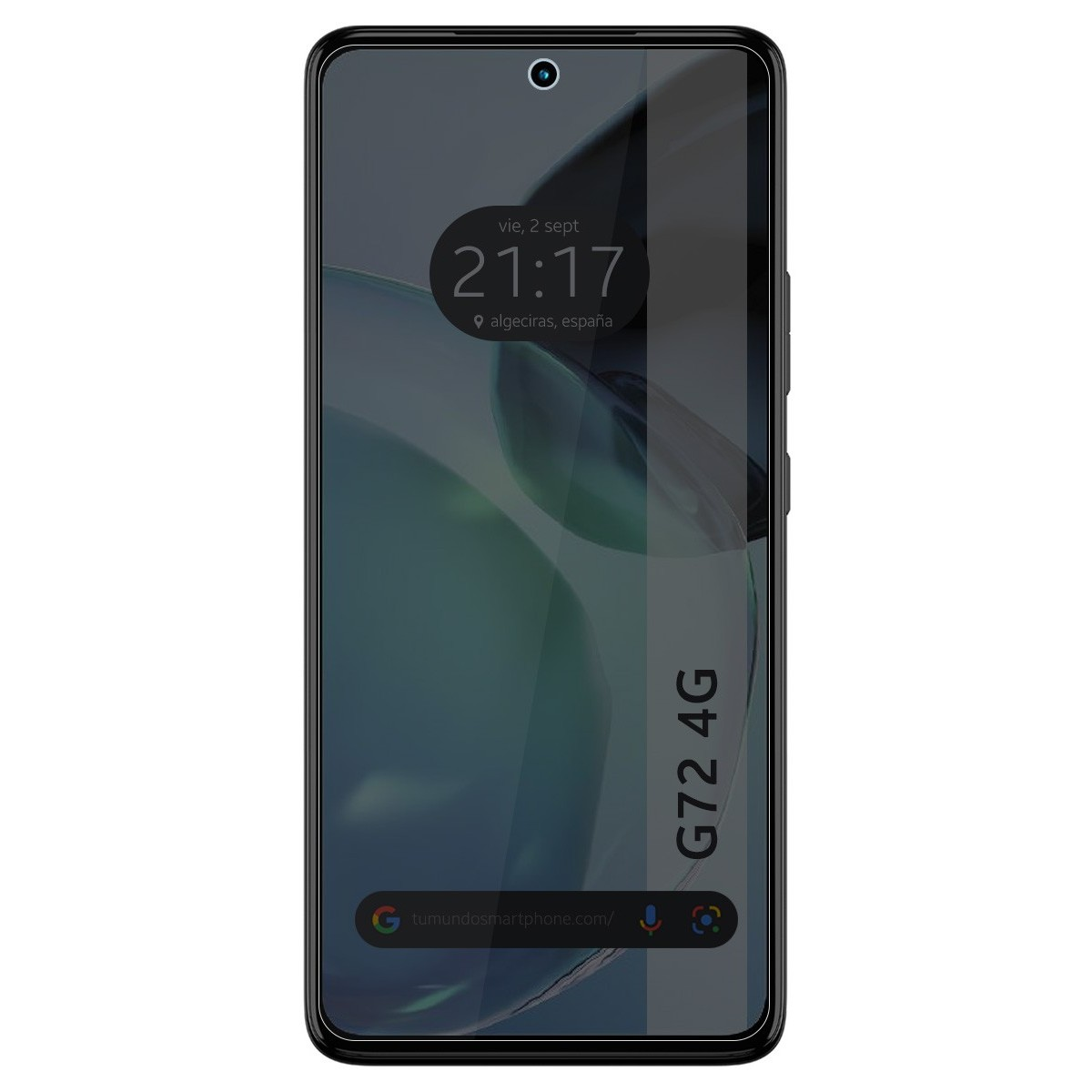 Teléfono negro con pantalla que muestra la hora y la fecha, marca G72 4G, sobre fondo blanco.