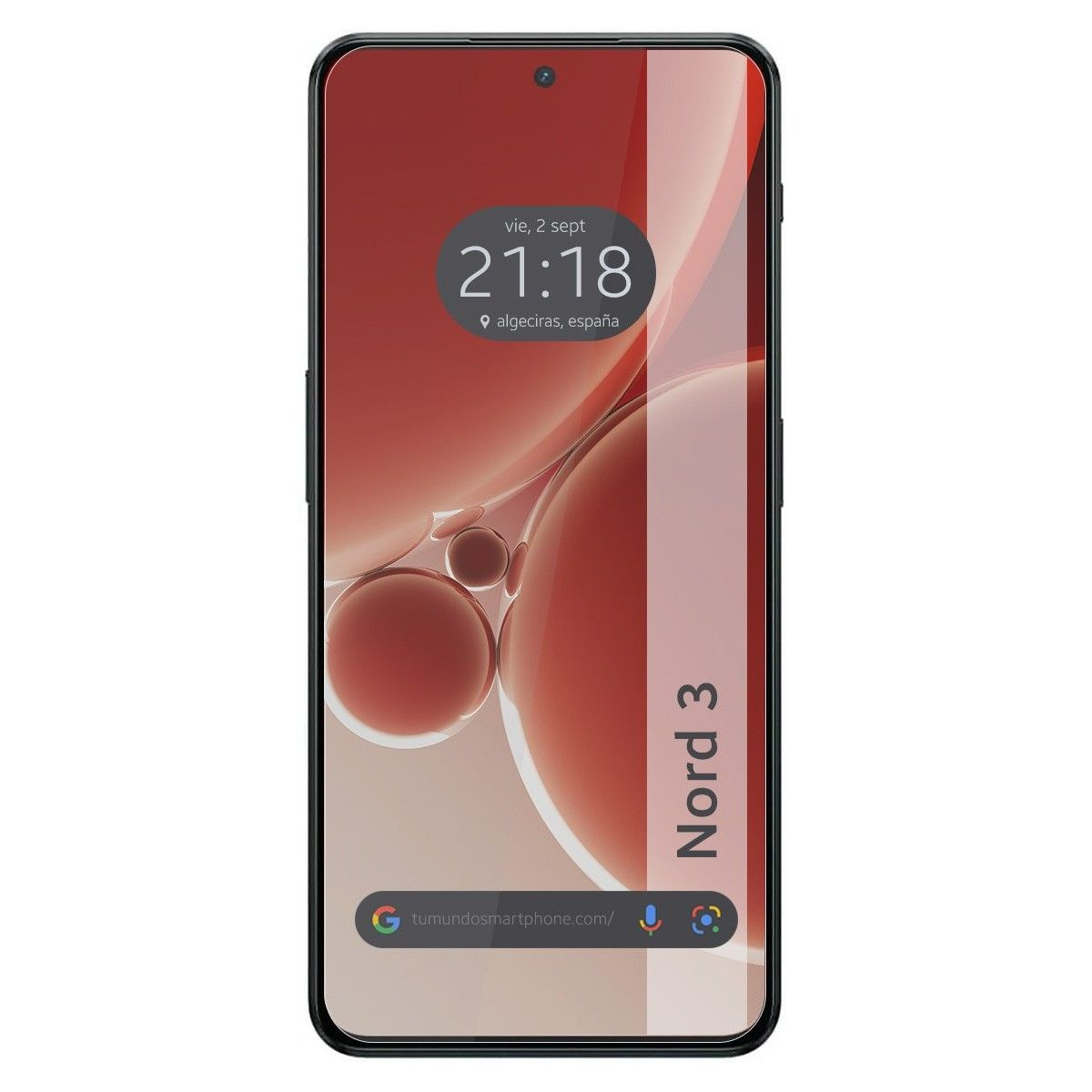 Un smartphone negro mostrando una pantalla con una pantalla de bloqueo y la hora. El fondo es rojo.