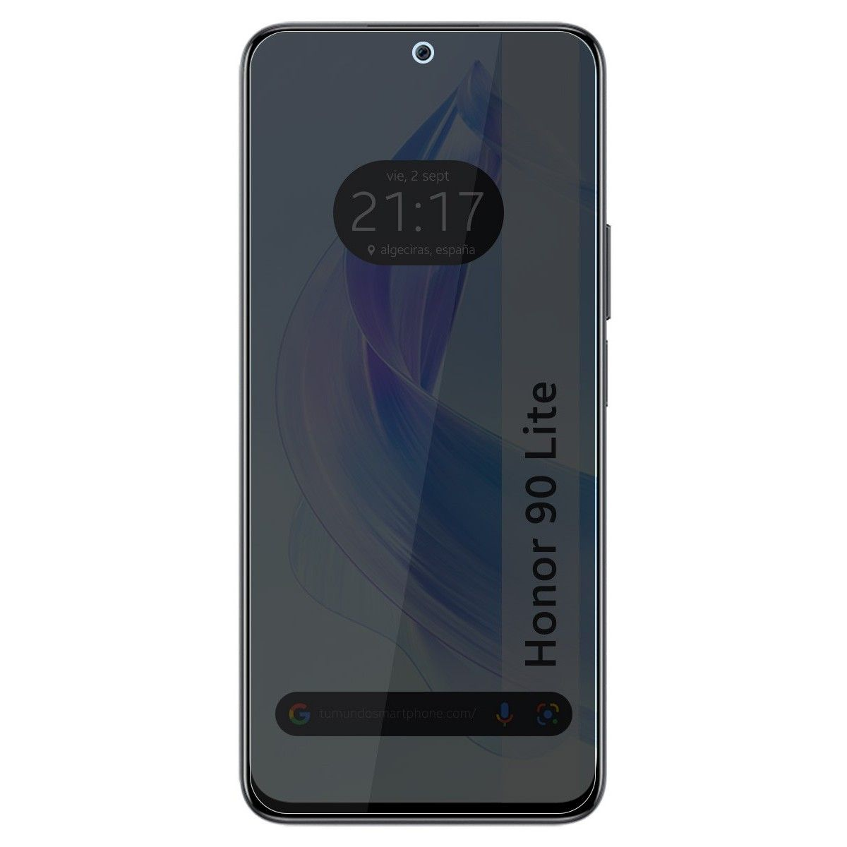 Smartphone con protector de pantalla. Muestra hora, ubicación y nombre del modelo.