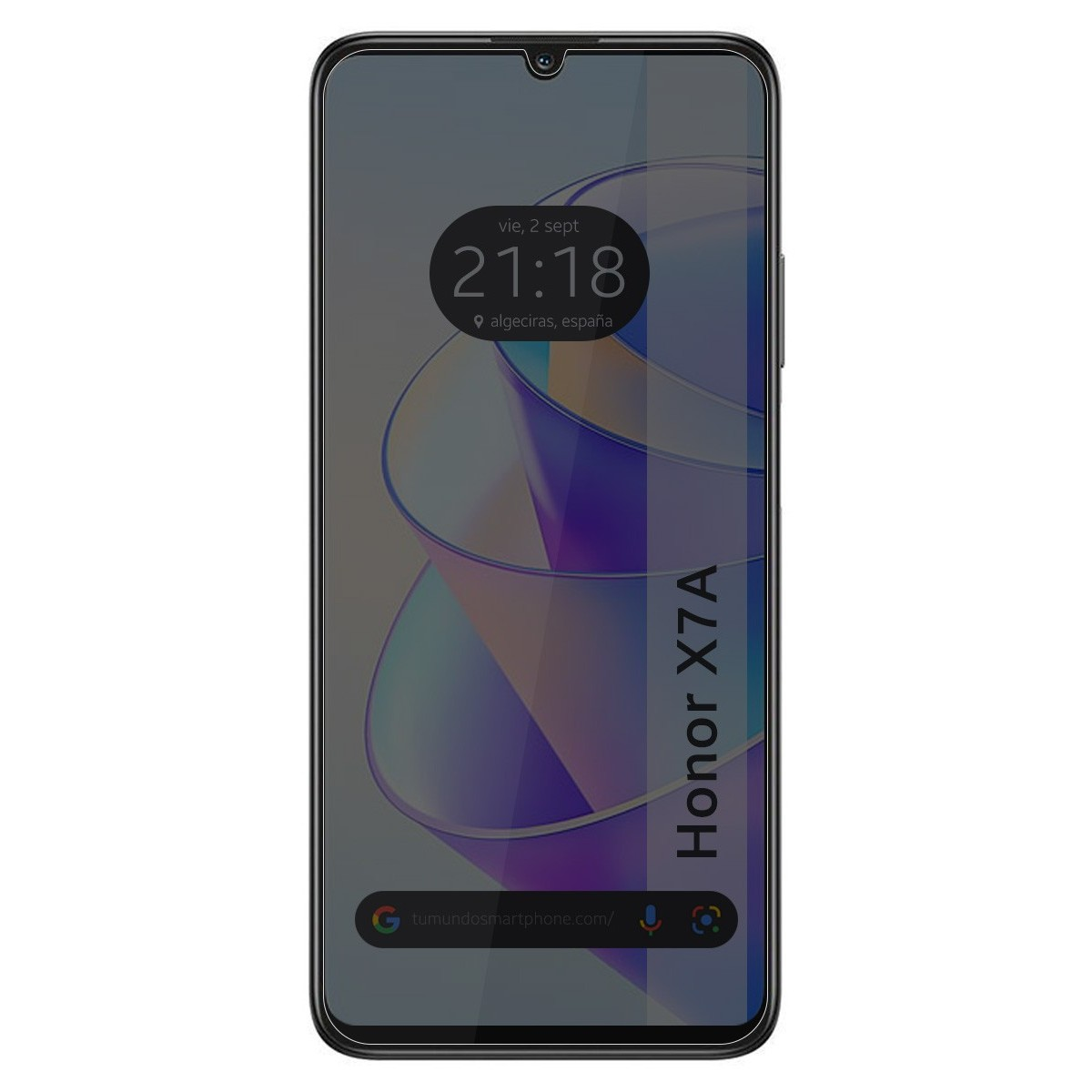 Pantalla de smartphone mostrando hora, fecha y fondo colorido.