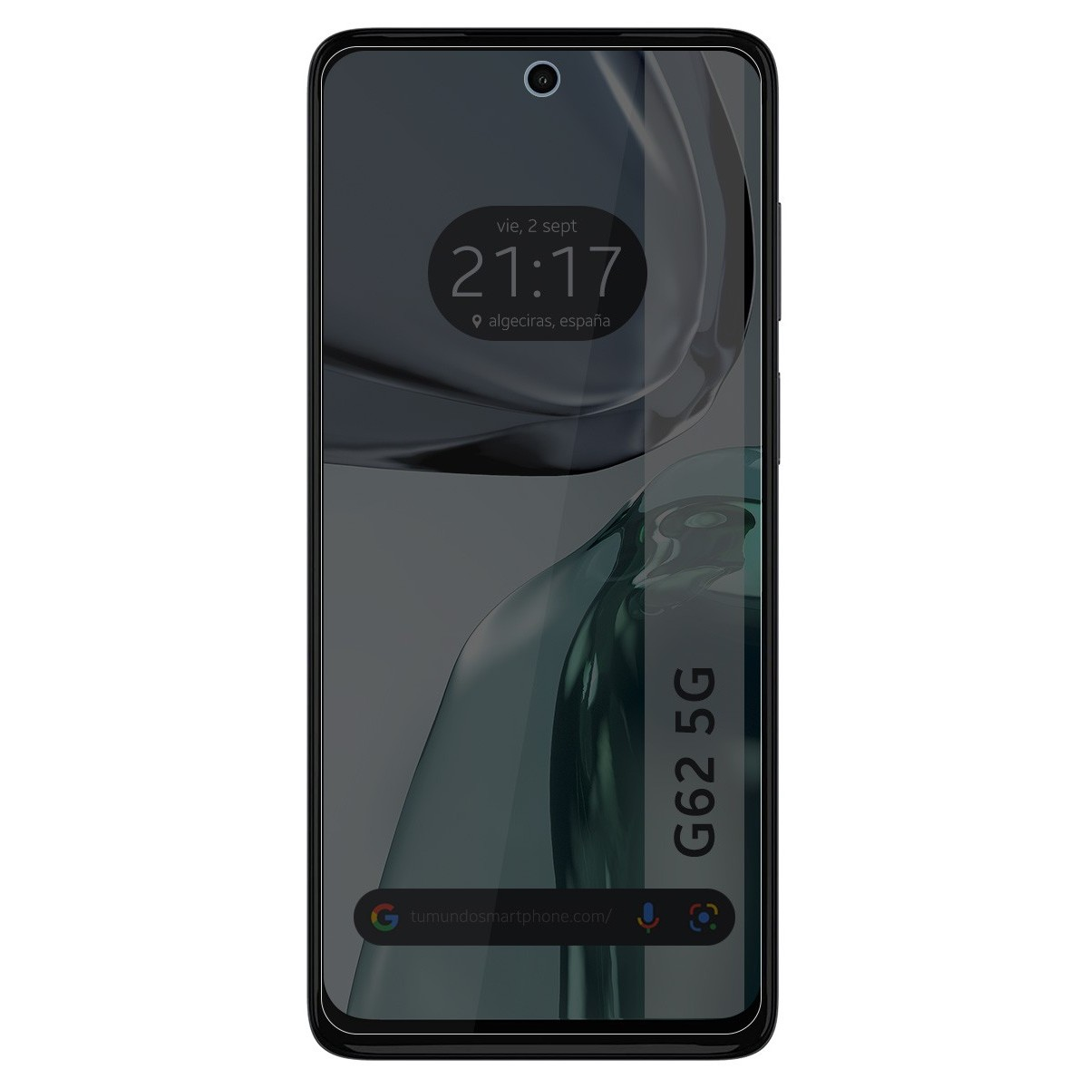 Teléfono negro con pantalla mostrando la hora, y texto G62 5G. Un protector de pantalla a la izquierda.