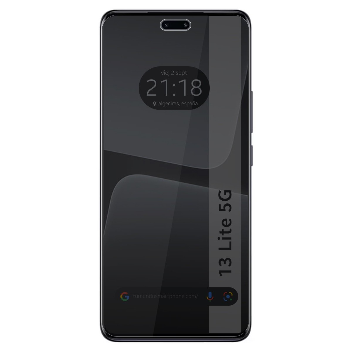 Una pantalla de smartphone con hora, fecha y logotipo. El teléfono muestra un fondo oscuro y el texto '13 Lite 5G'.