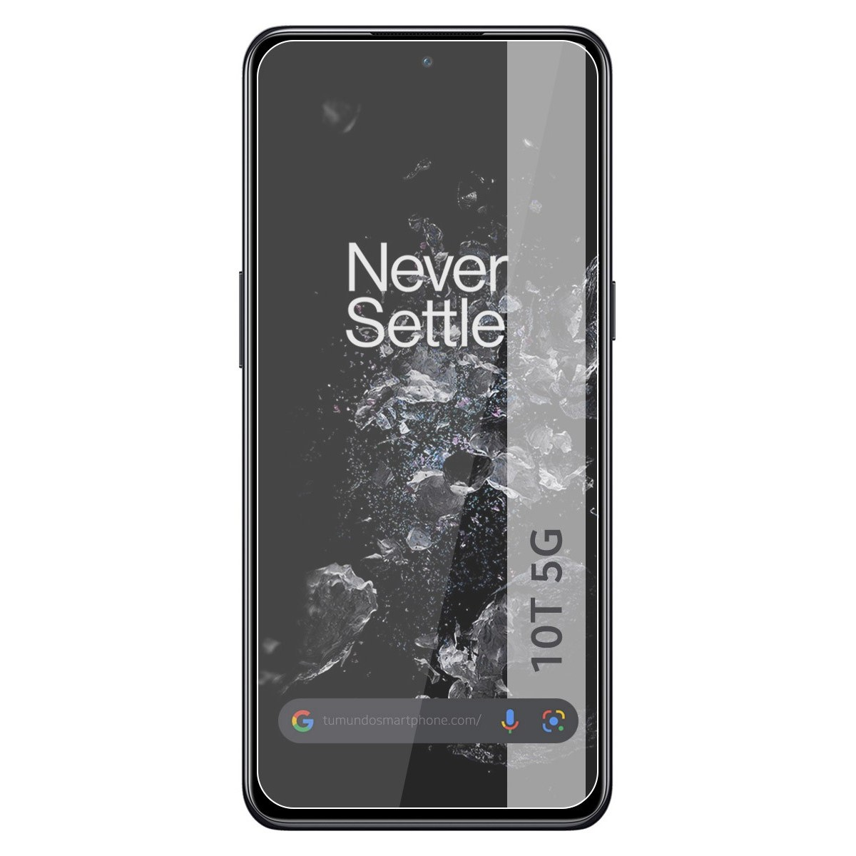 Una pantalla de smartphone que muestra el texto 'Never Settle' y un diseño borroso. El teléfono tiene un protector de pantalla.