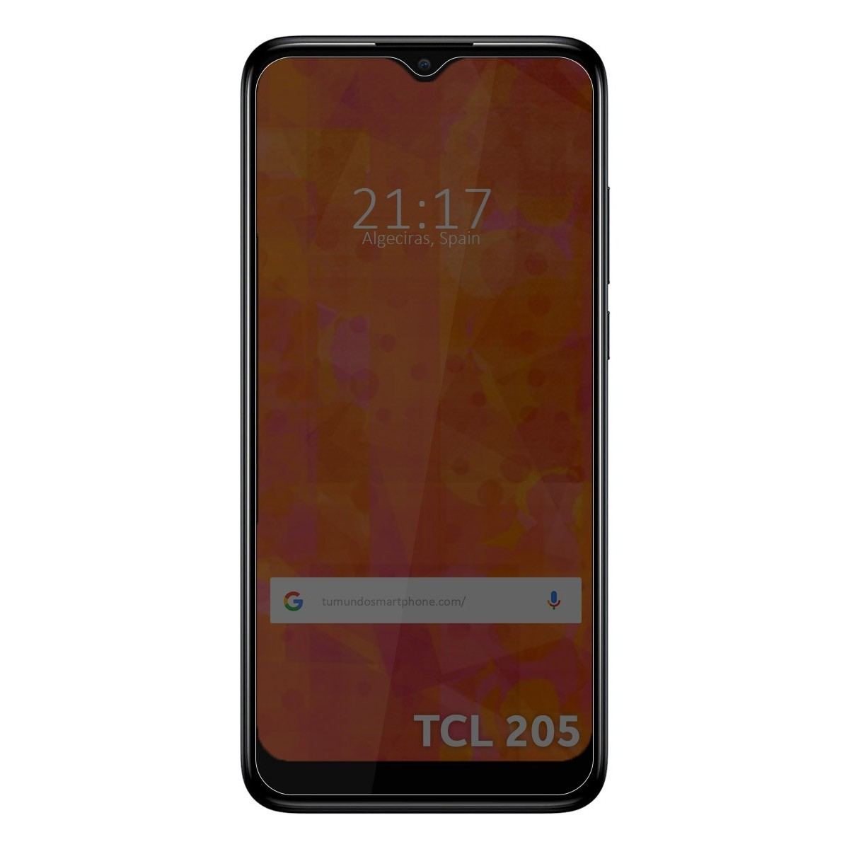 Pantalla de smartphone que muestra la hora y la fecha, con el texto 'TCL 205'. Barra de búsqueda de Google abajo.