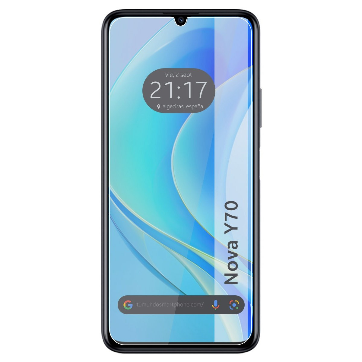 Smartphone mostrando la hora, con pantalla azul-verde. Texto: Nova Y70.