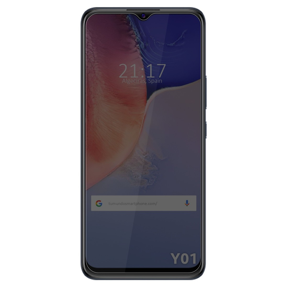 Smartphone con pantalla mostrando un reloj y texto. El teléfono es negro.