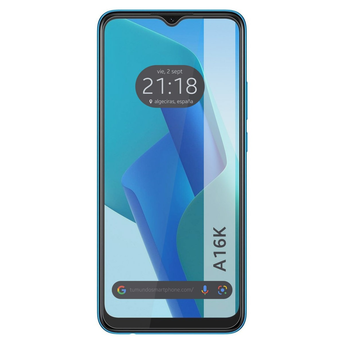 Schermo dello smartphone che mostra ora e posizione. Barra di ricerca Google e icone.