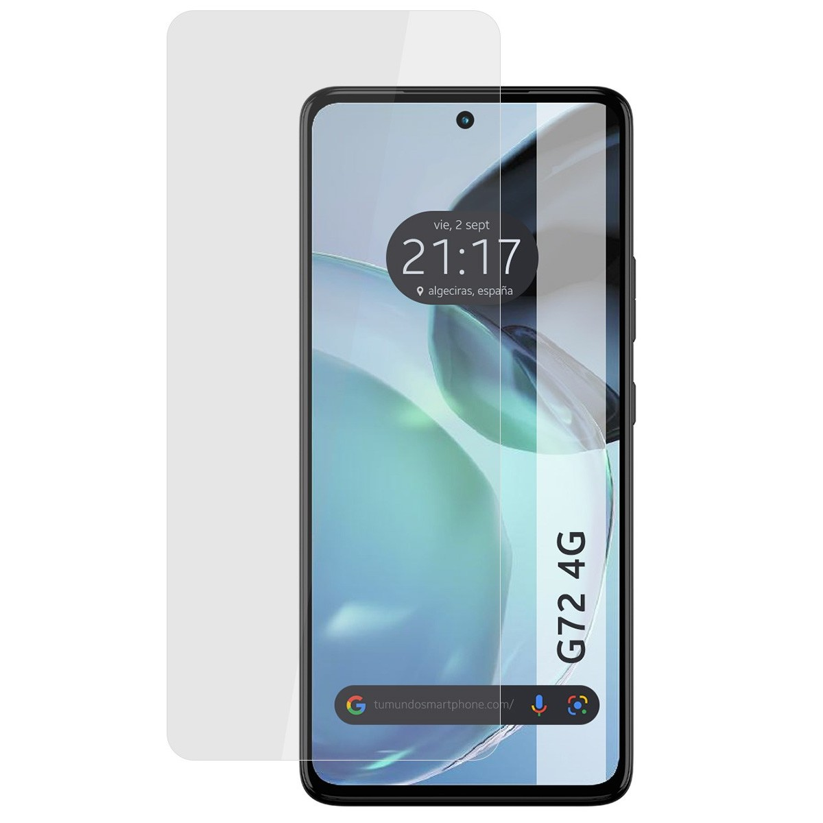 Smartphone Motorola G72 4G con protector de pantalla. Muestra hora, fecha. Barra web abajo.