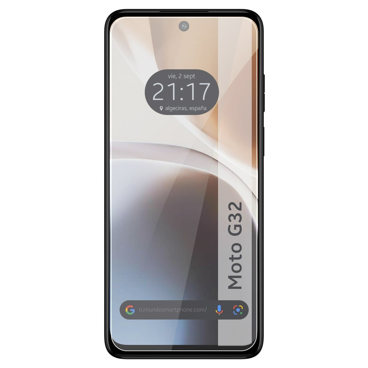 Teléfono con pantalla mostrando hora y fecha. Dice Moto G32 en el lateral.