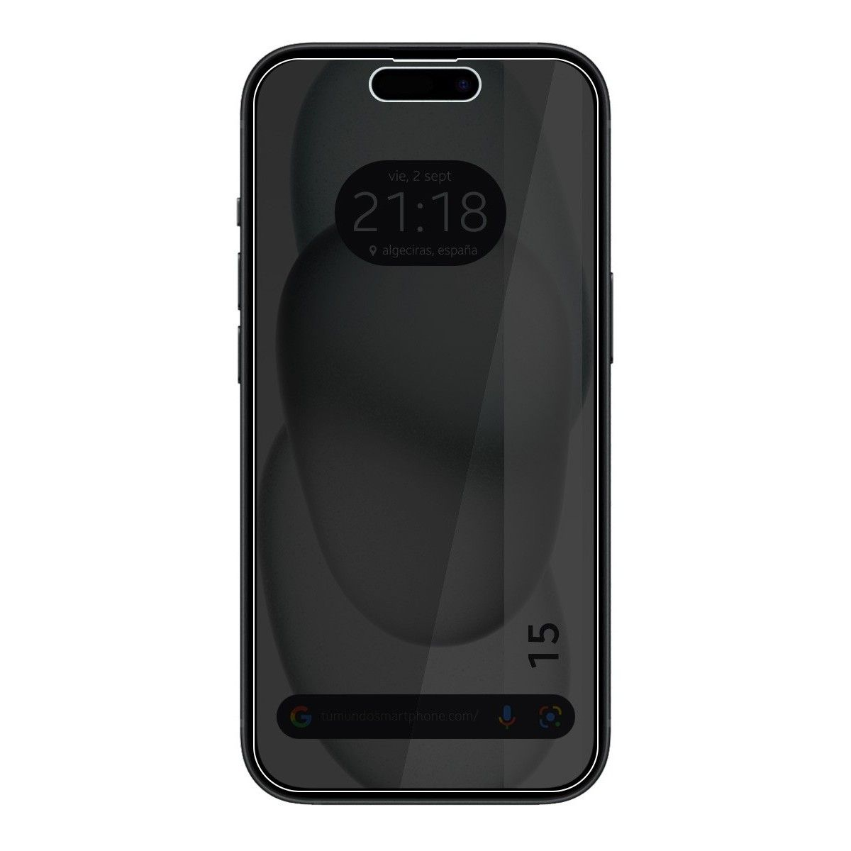 Smartphone negro con hora y ubicación. Fondo gris oscuro. Se muestra el número 15.