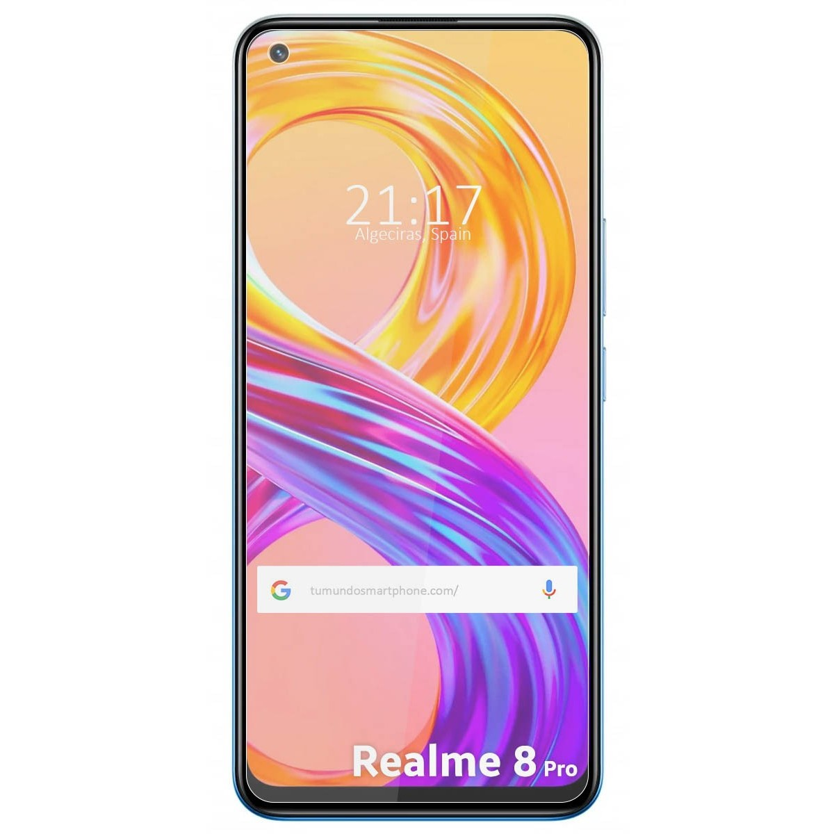 Pantalla de smartphone con fondo abstracto colorido y texto: Realme 8 Pro. Hora y ubicación en pantalla.